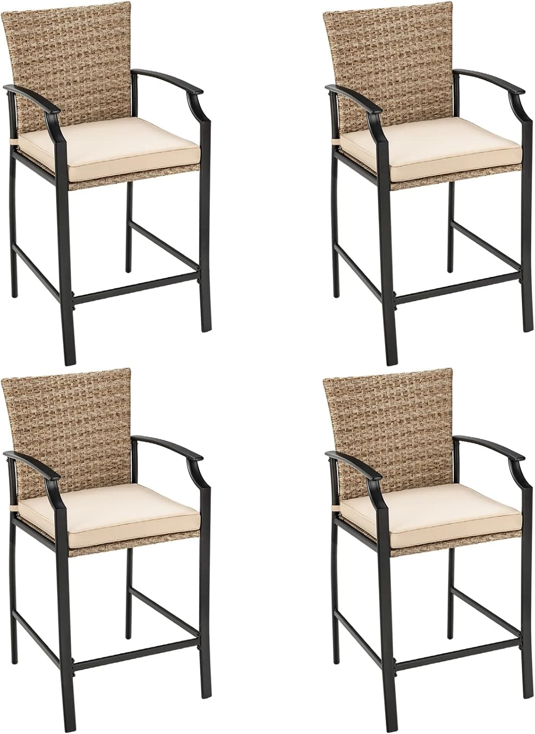 Set of 4 Patio Rattan Bar Stools with Cushions, High Backrest & Armrests