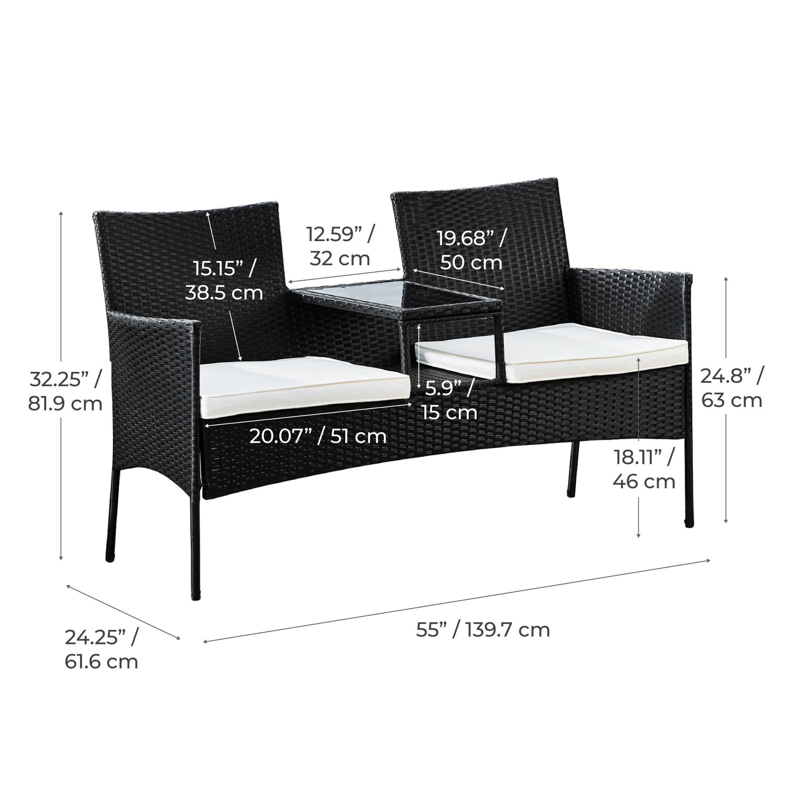 Teamson Home Outdoor Wicker Loveseat Bench with Table and Cushions, Black