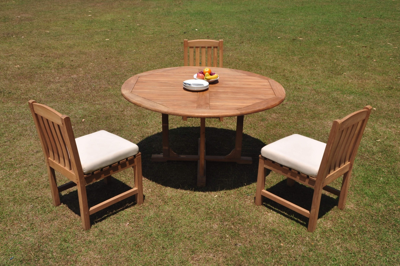4pc Grade-A Teak Dining Set 60″ Round Table 3 Devon Armless Chair Outdoor Patio