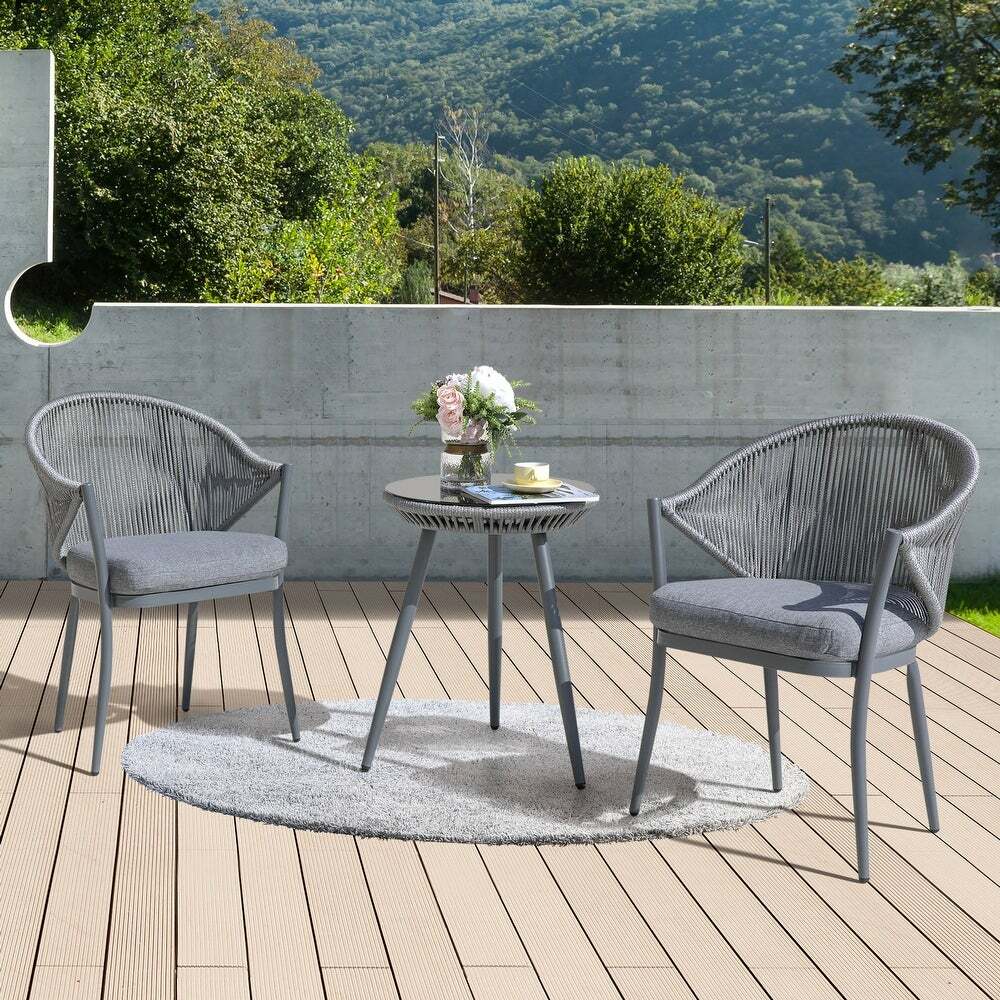 Gray Wicker 3 Piece Patio Bistro Seating Set Outdoor Home Furniture Cushion