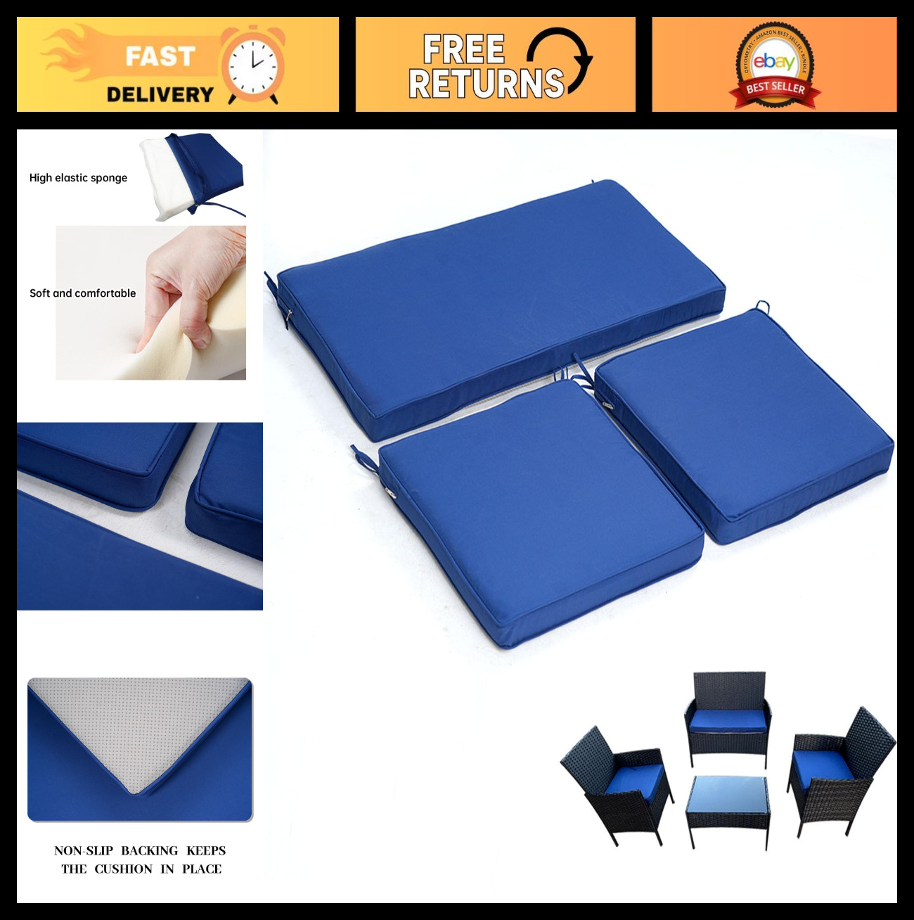 3-Pack Outdoor Patio Cushions Set – Waterproof, Fade-Resistant, High-Elastic Foa
