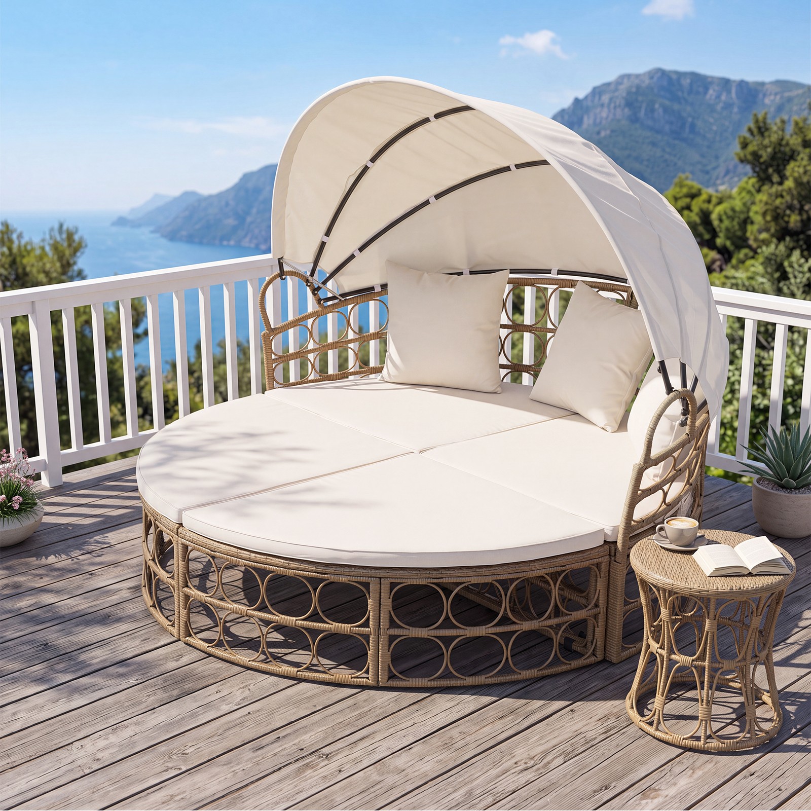 Outdoor Patio Daybed w/ Retractable Canopy & Cushions, Round Sectional Couch