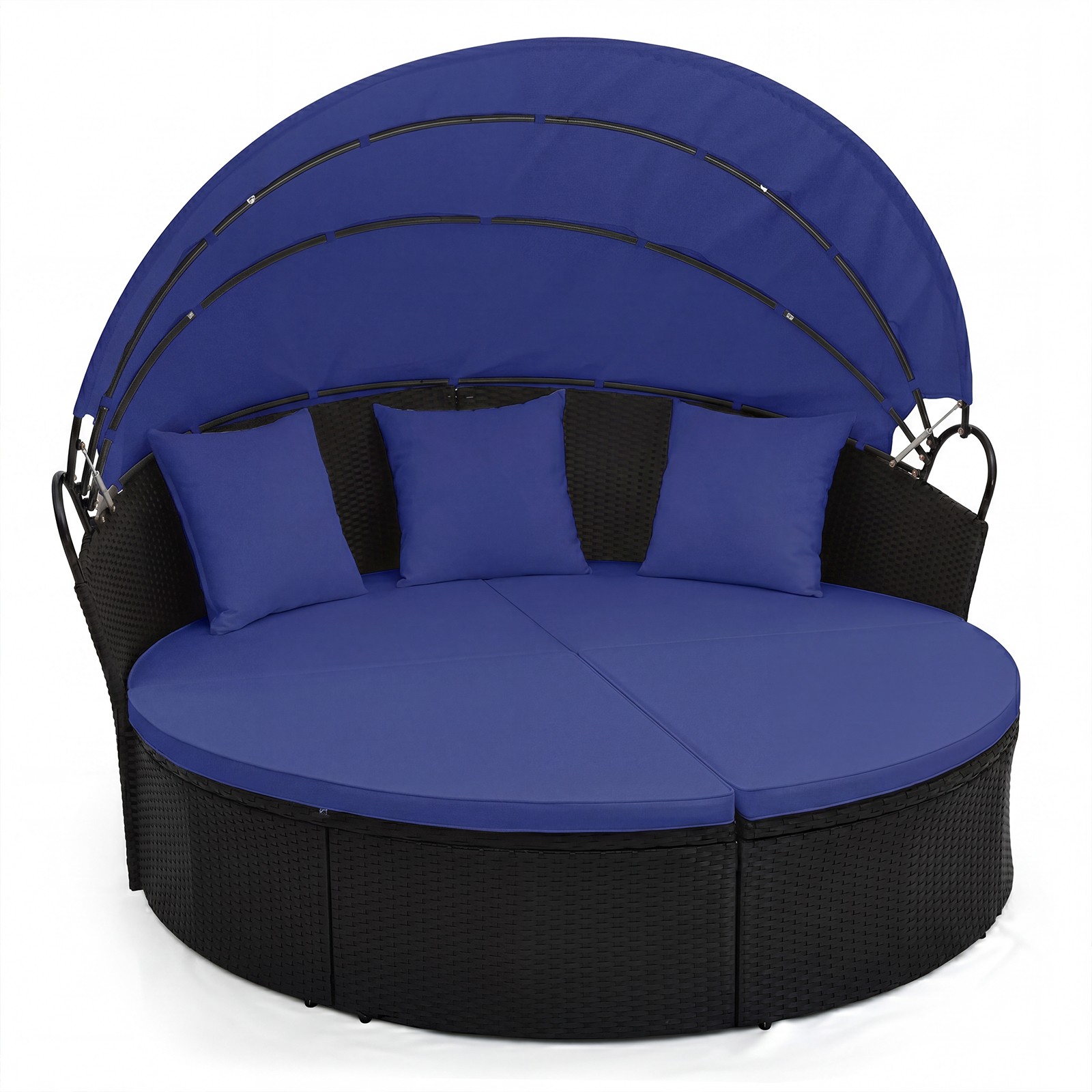 Outdoor Patio Round Daybed w/Retractable Canopy Cushions Throw Pillows for Lawn