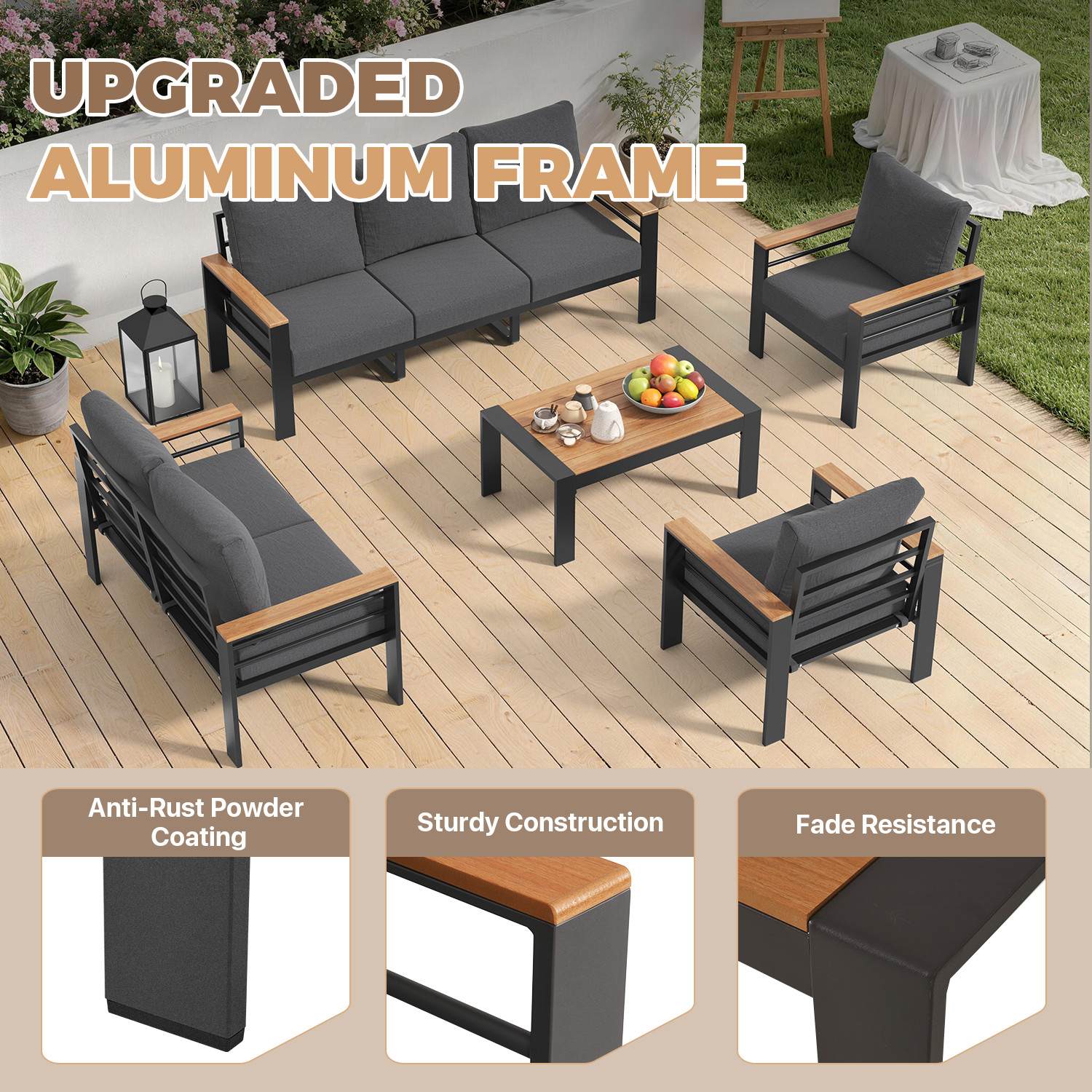 7 Piece Patio Furniture Set Aluminum Patio Sets Coffee Table 5″ Thicken Cushions