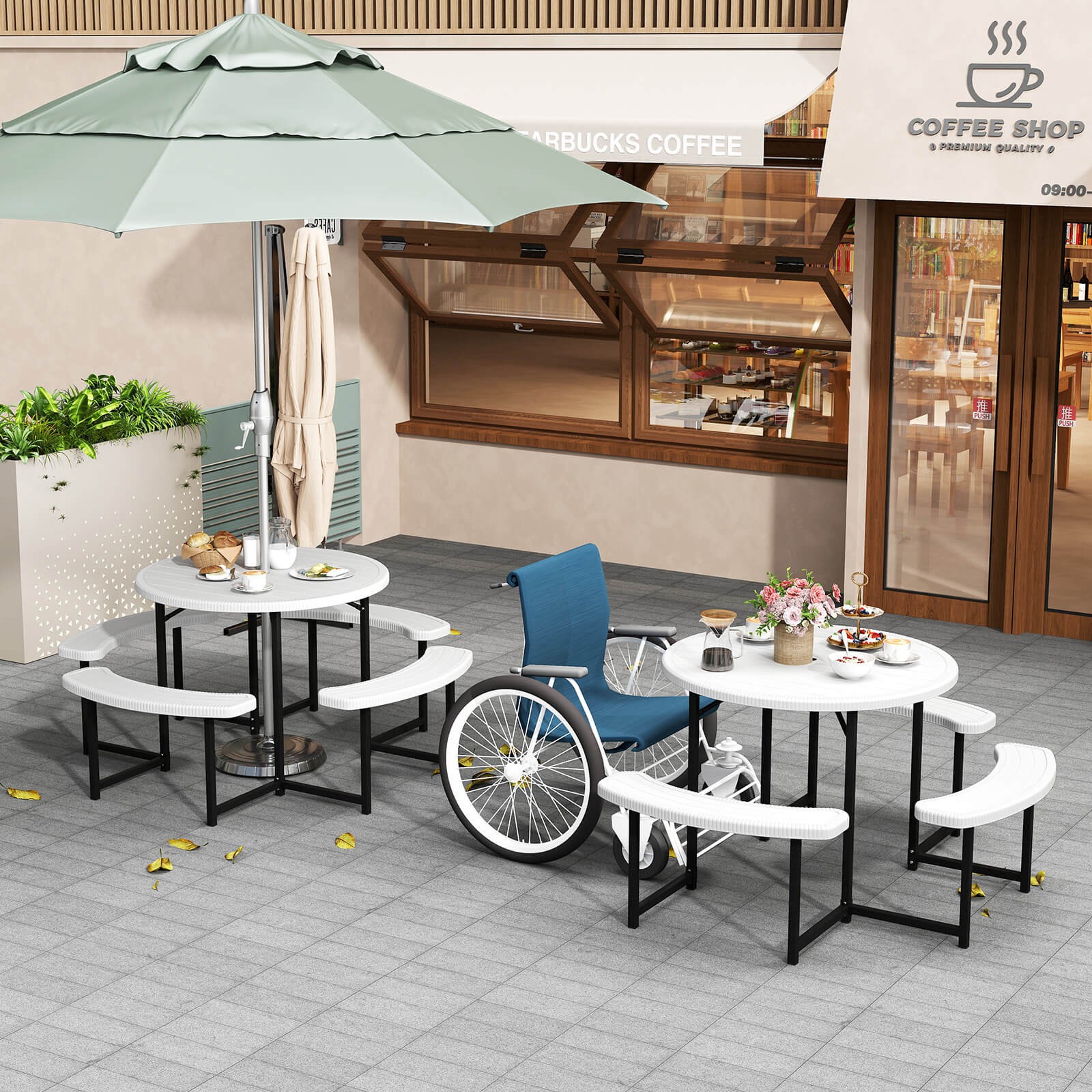 Round Picnic Table Bench Set w/ 4 Benches Umbrella Hole All Weather Tabletop
