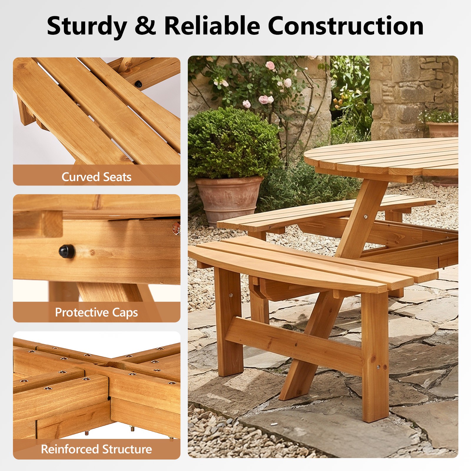 8-Person Wooden Picnic Table Set with 4 Benches, Umbrella Hole for In/Outdoor