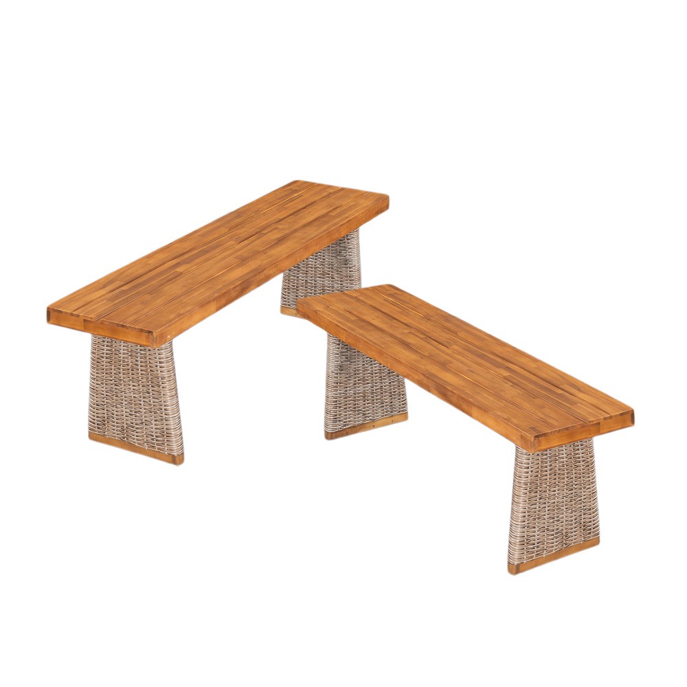 Outdoor 1pcs Acacia Wood Bench,Teak Finish+ Brown Wicker