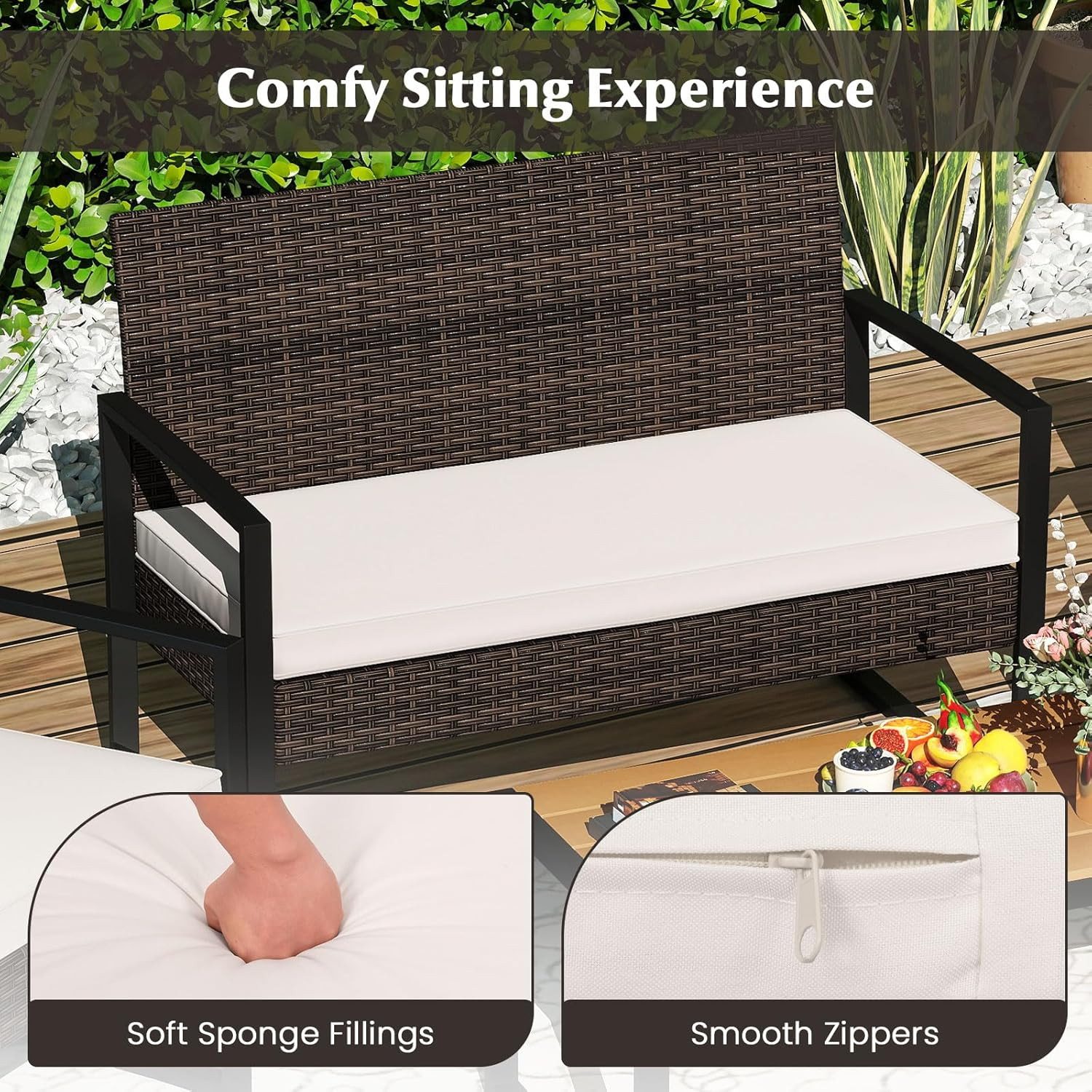 4-Piece Outdoor Rattan Conversation Set with Cushions & Coffee Table