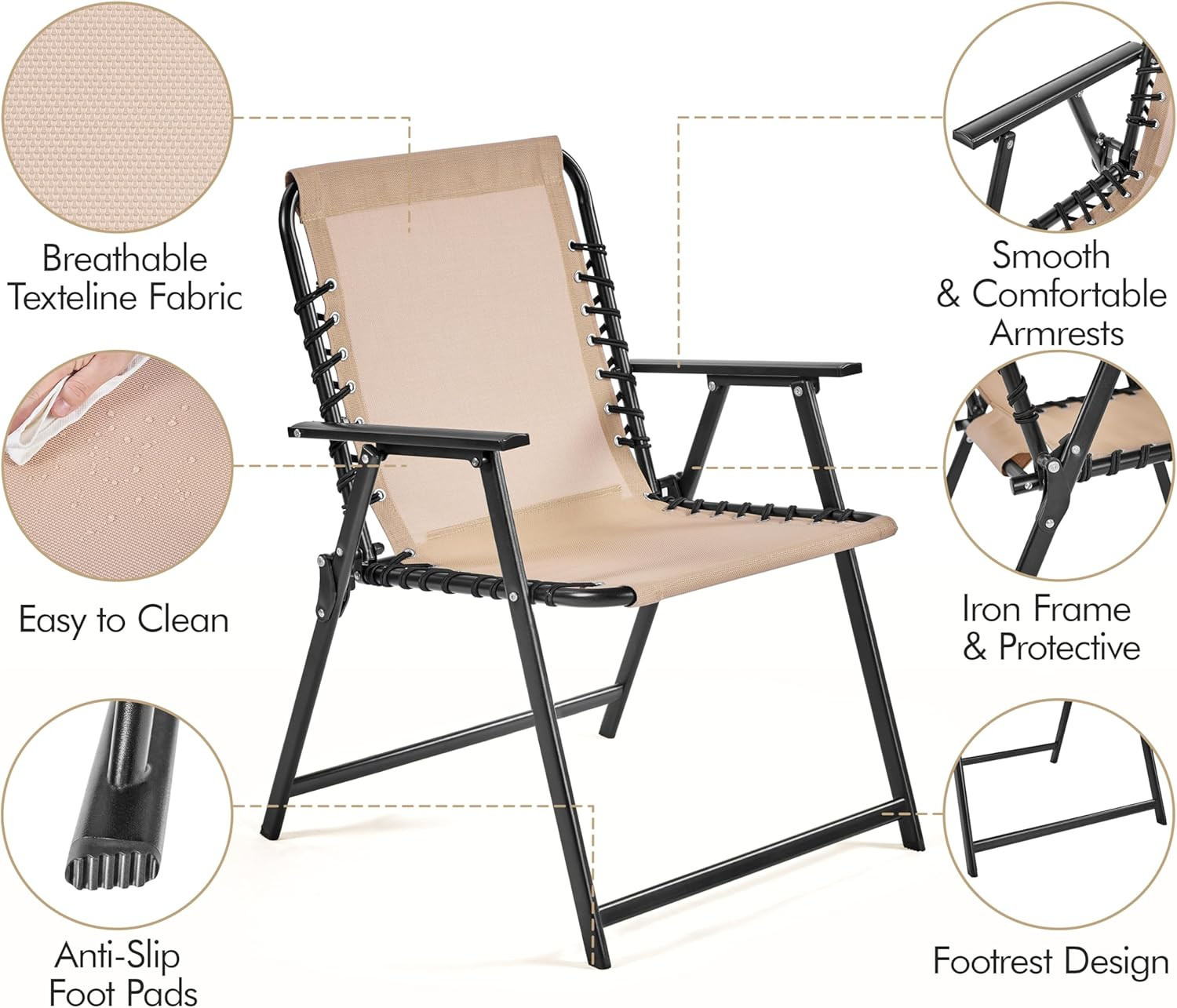 Beige Outdoor Folding Dining Chairs Set of 2 with Armrests