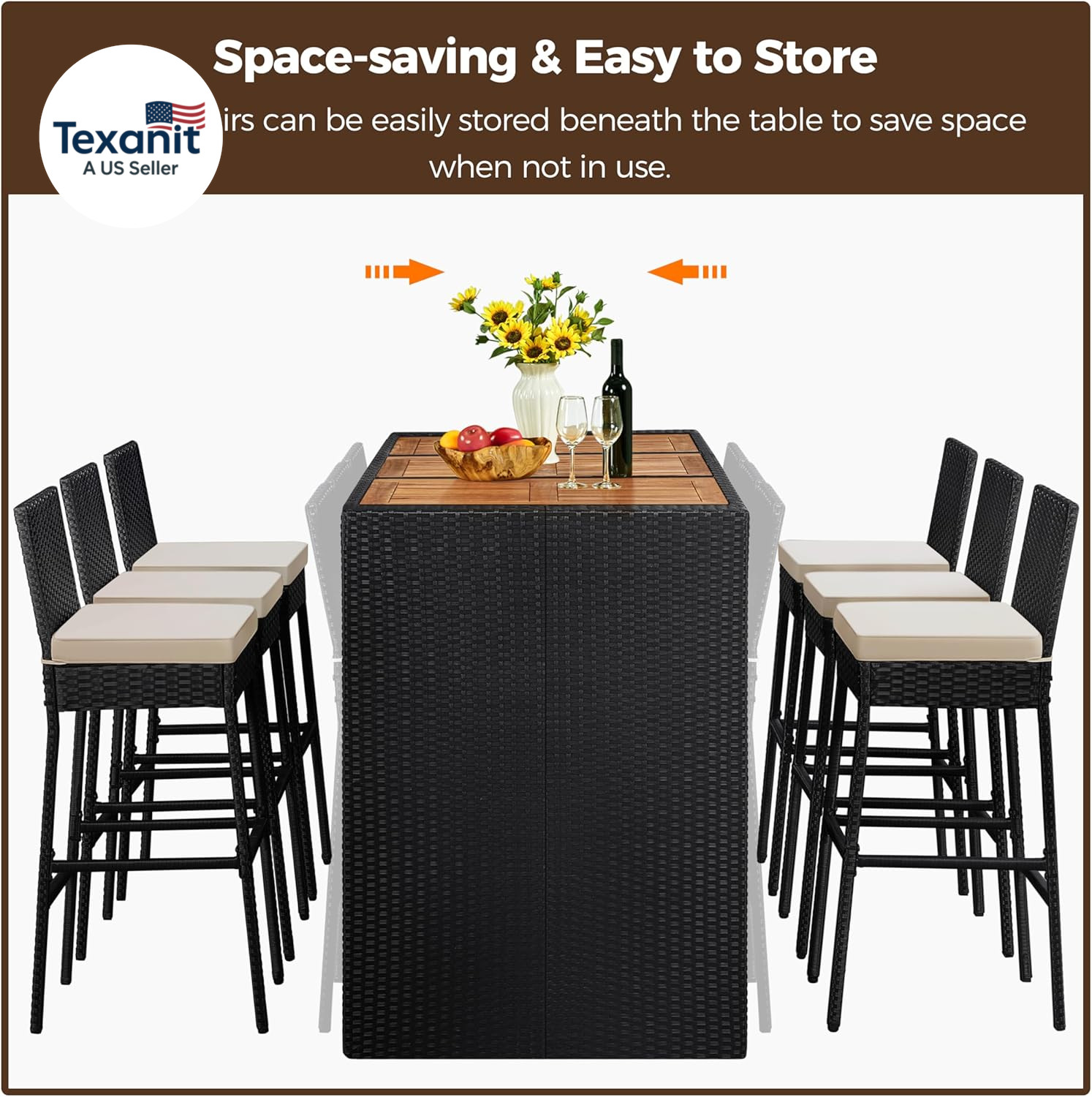 7 Piece Patio Dining Set Outdoor Acacia Wood Bar Table and Chairs with Removable