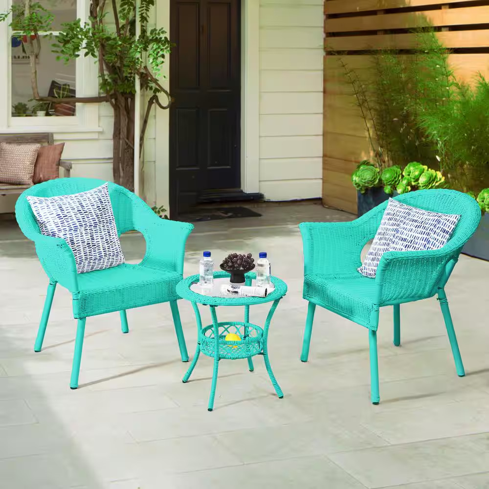 Blue 3-Piece Patio Sets Outdoor Wicker Patio Furniture Sets Outdoor Bistro Set