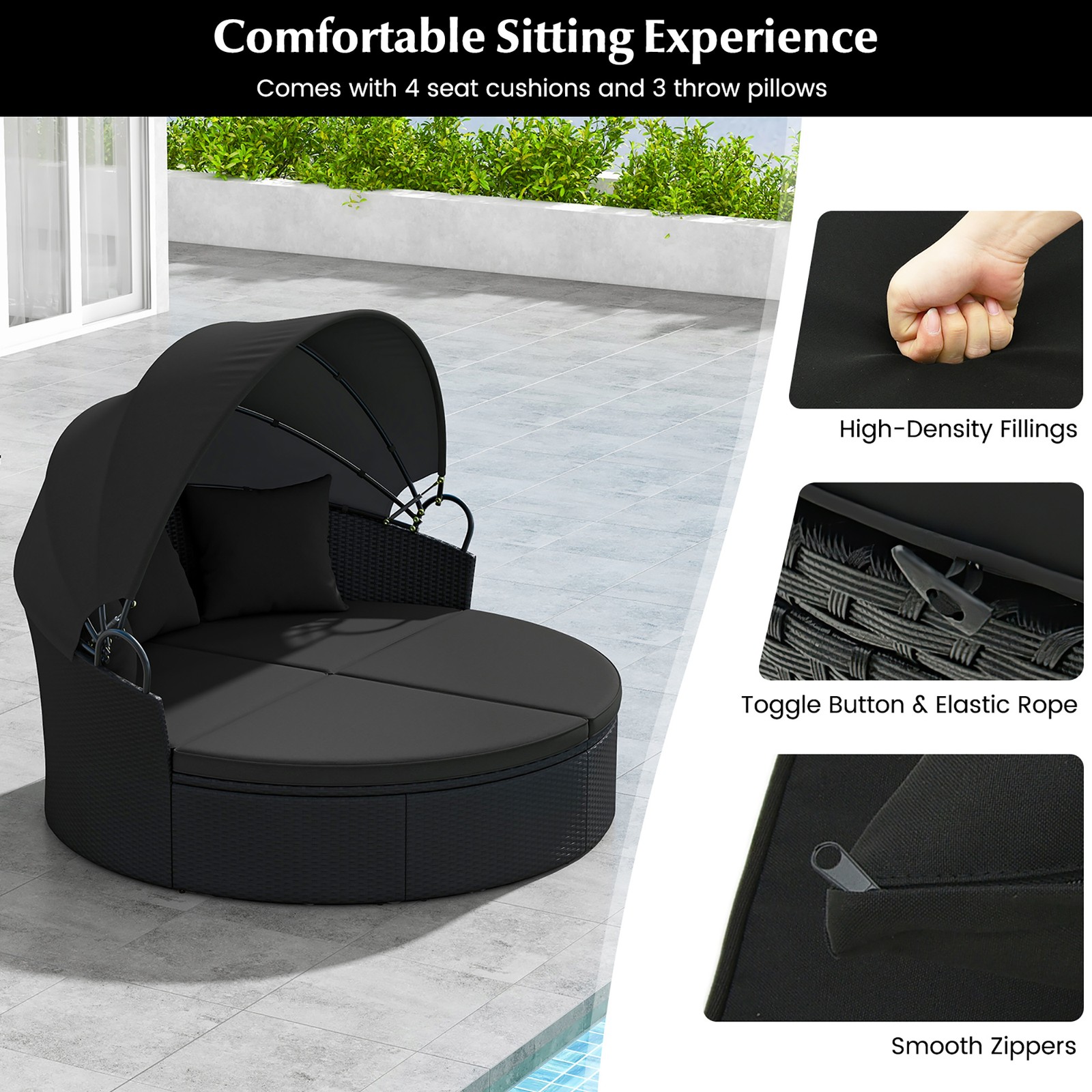 Patio Round Daybed Wicker Daybed w/ Retractable Canopy Separated Seating