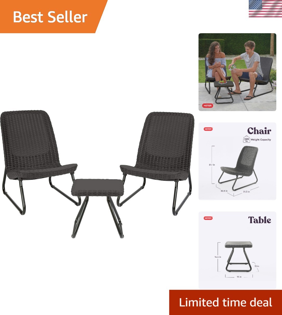 Rio 3-Piece Resin Wicker Patio Furniture Set – Chairs & Side Table, Dark Grey