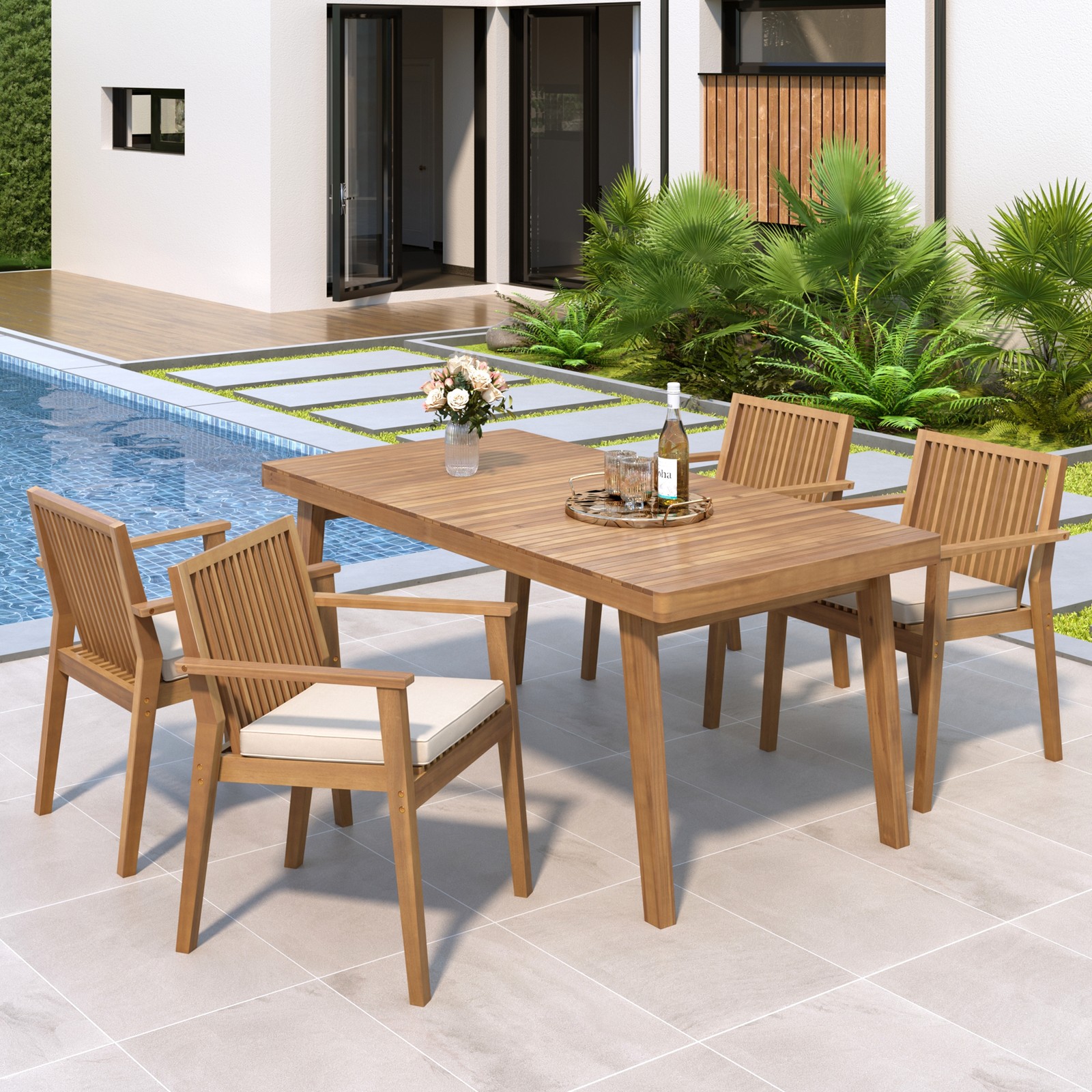 5 PCS Acacia Wood Outdoor Dining Set 69in Table +4 Chairs W/ Cushions Patio Deck
