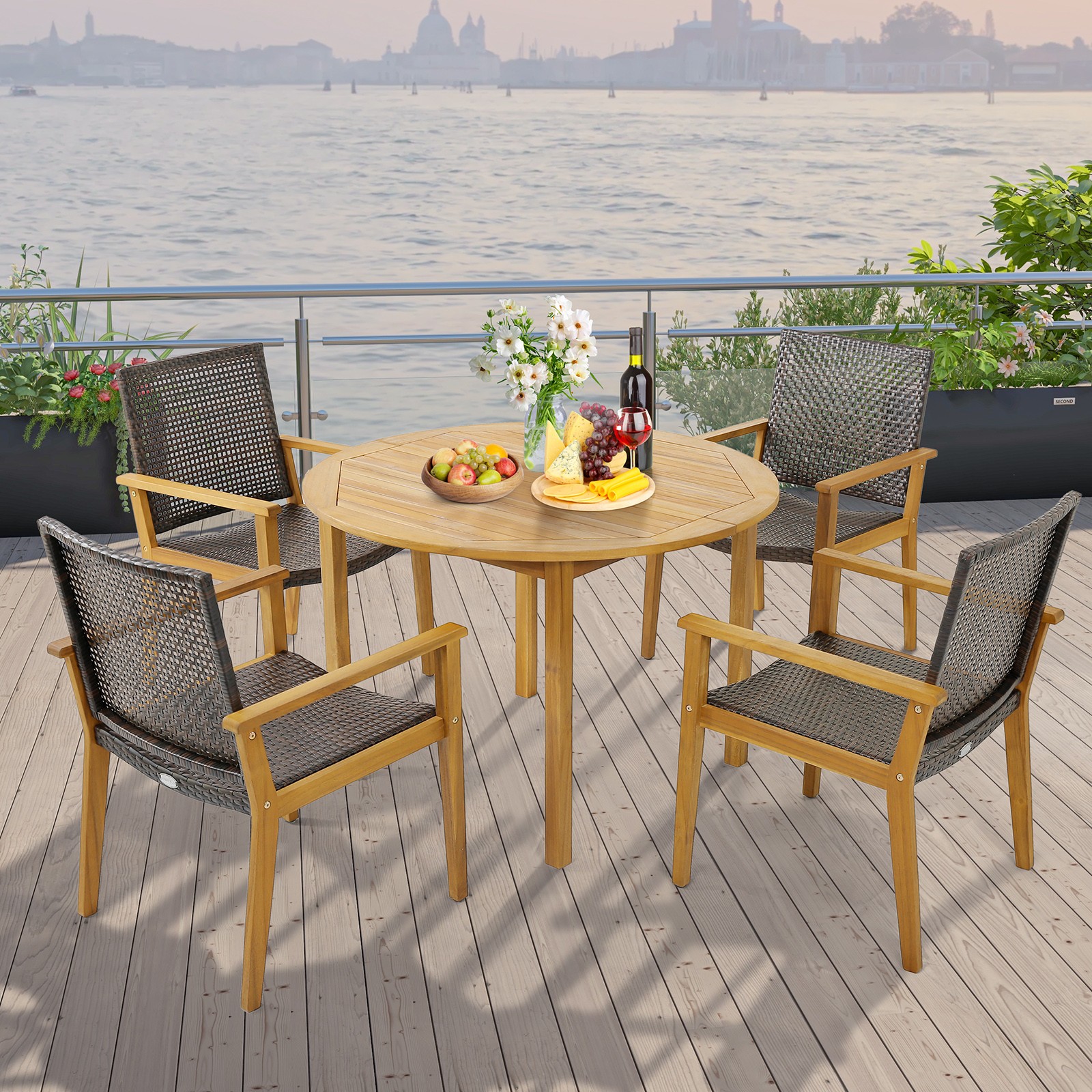 4PCS Patio Dining Chairs Outdoor Acacia Wood Rattan Armchairs Garden Balcony