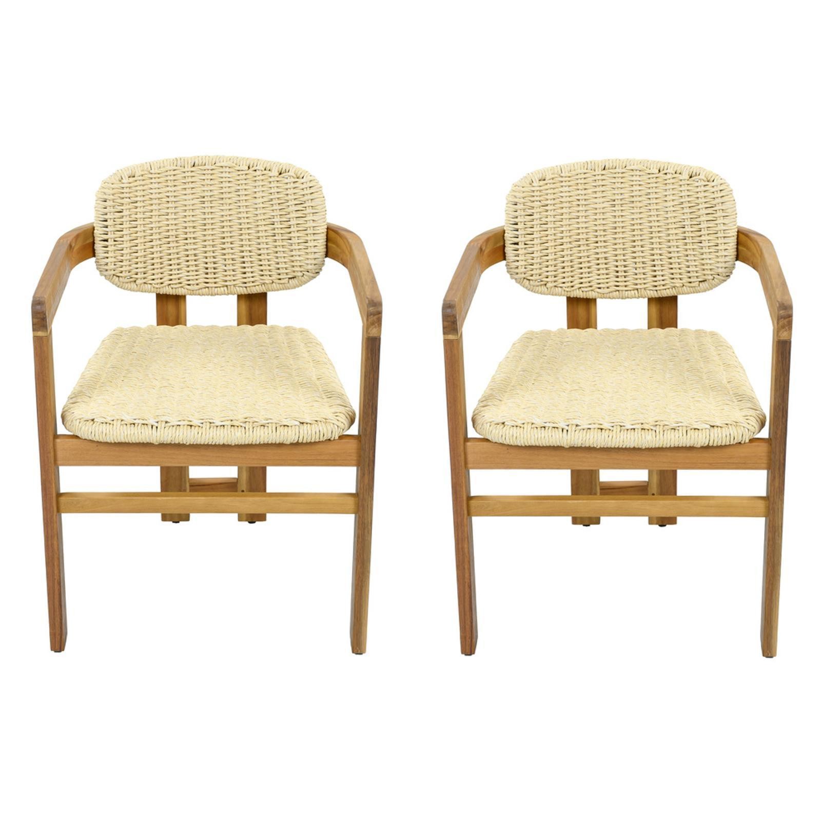 Acacia Wood & Rattan Outdoor Chair Set, 2 Ergonomic Armchairs for Patio, Garden,