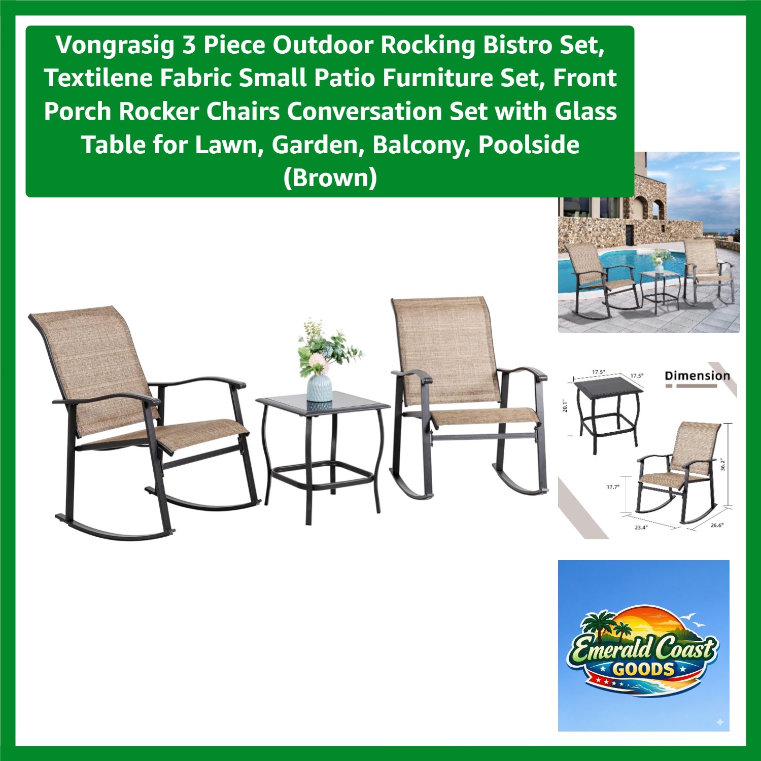 Retro Outdoor Rocking Chair Set: 3-Piece Bistro with Glass Table for Patio Bliss