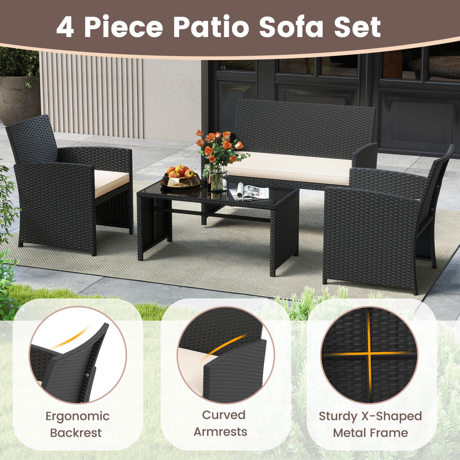 8 PCS Patio Conversation Set w/Seat Cushions & Tempered Glass Tabletop, Porch