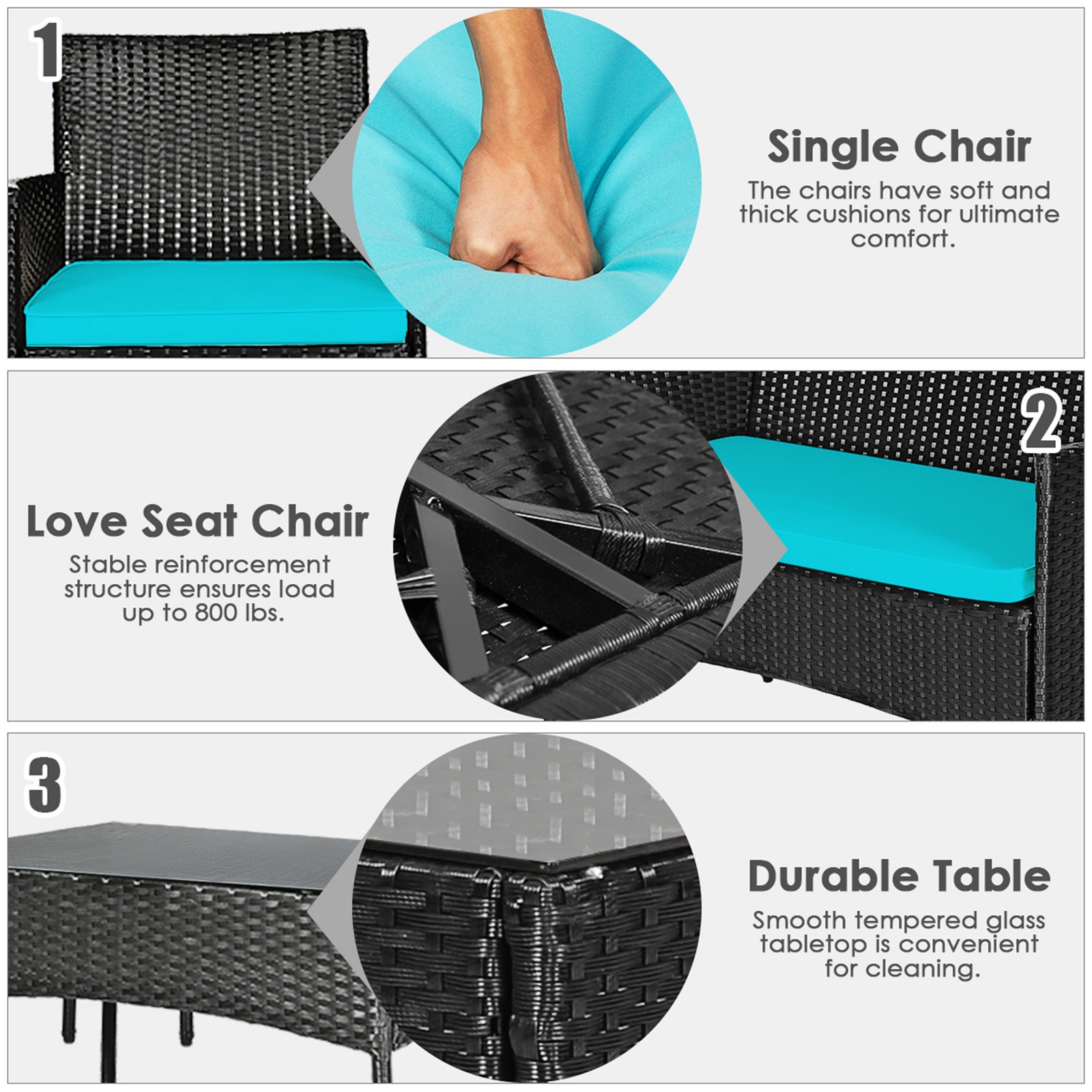 4PCS Outdoor Furniture Set Patio Rattan Conversation Set w/ Turquoise Cushion