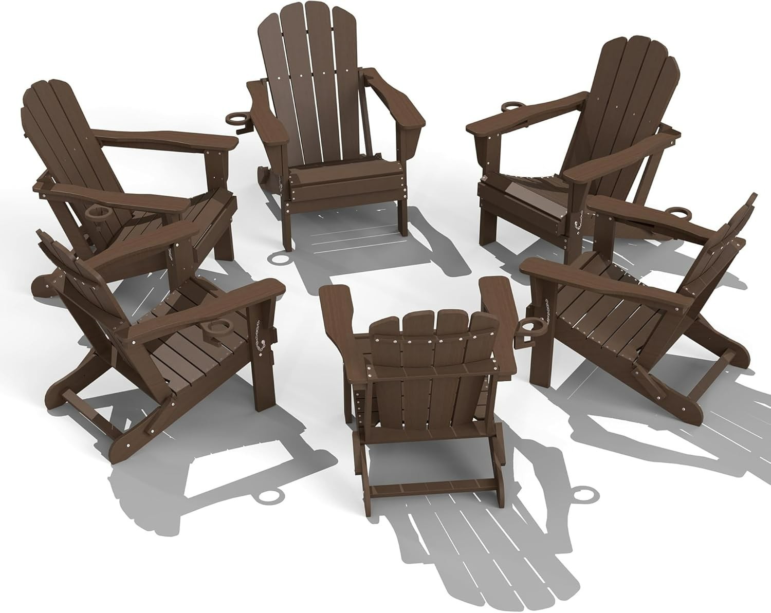 6pcs All-Weather HDPE Folding Adirondack Chair Fire Pit Chair w/Cup Holder,Khaki