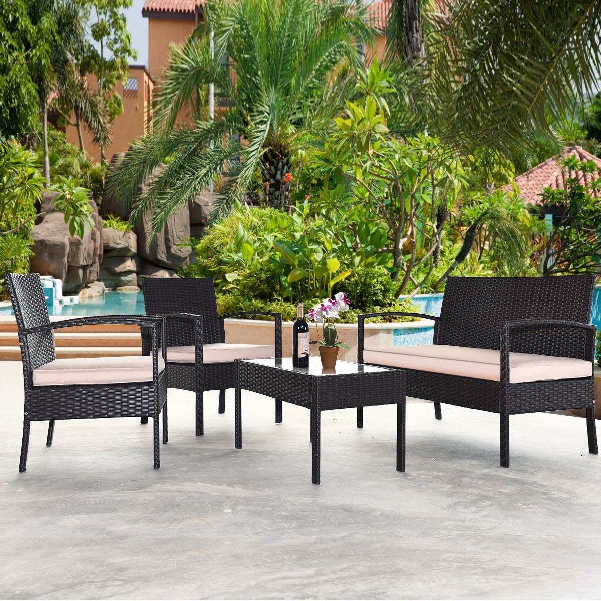 Topbuy 4PCS Conversation Wicker Set Patio Rattan Table&Cushioned Chair