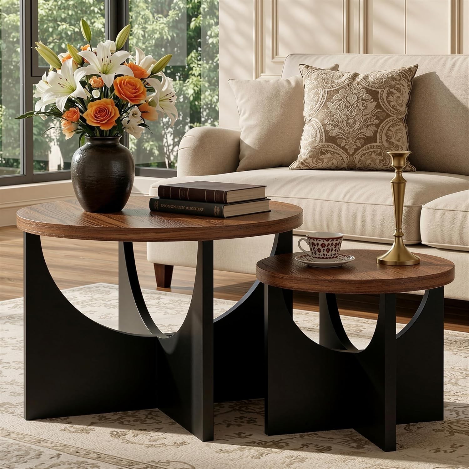 Nesting Coffee Tables Set of 2, 23.6″ Small Round Side Tables for