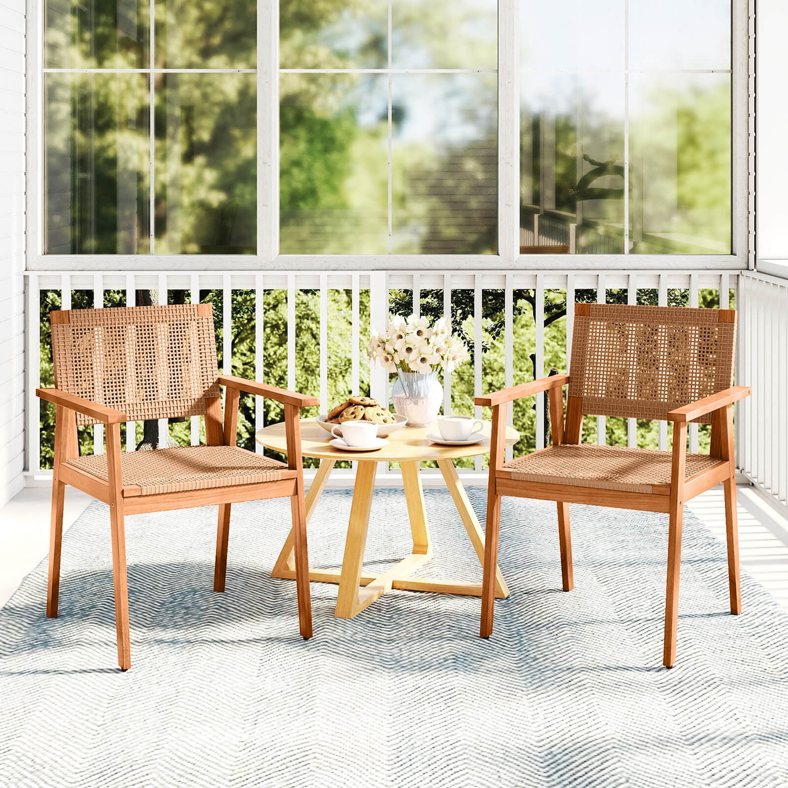 Acacia Wood Outdoor Dining Chairs Set of 2, PE Rattan Patio Chairs w/Backrests