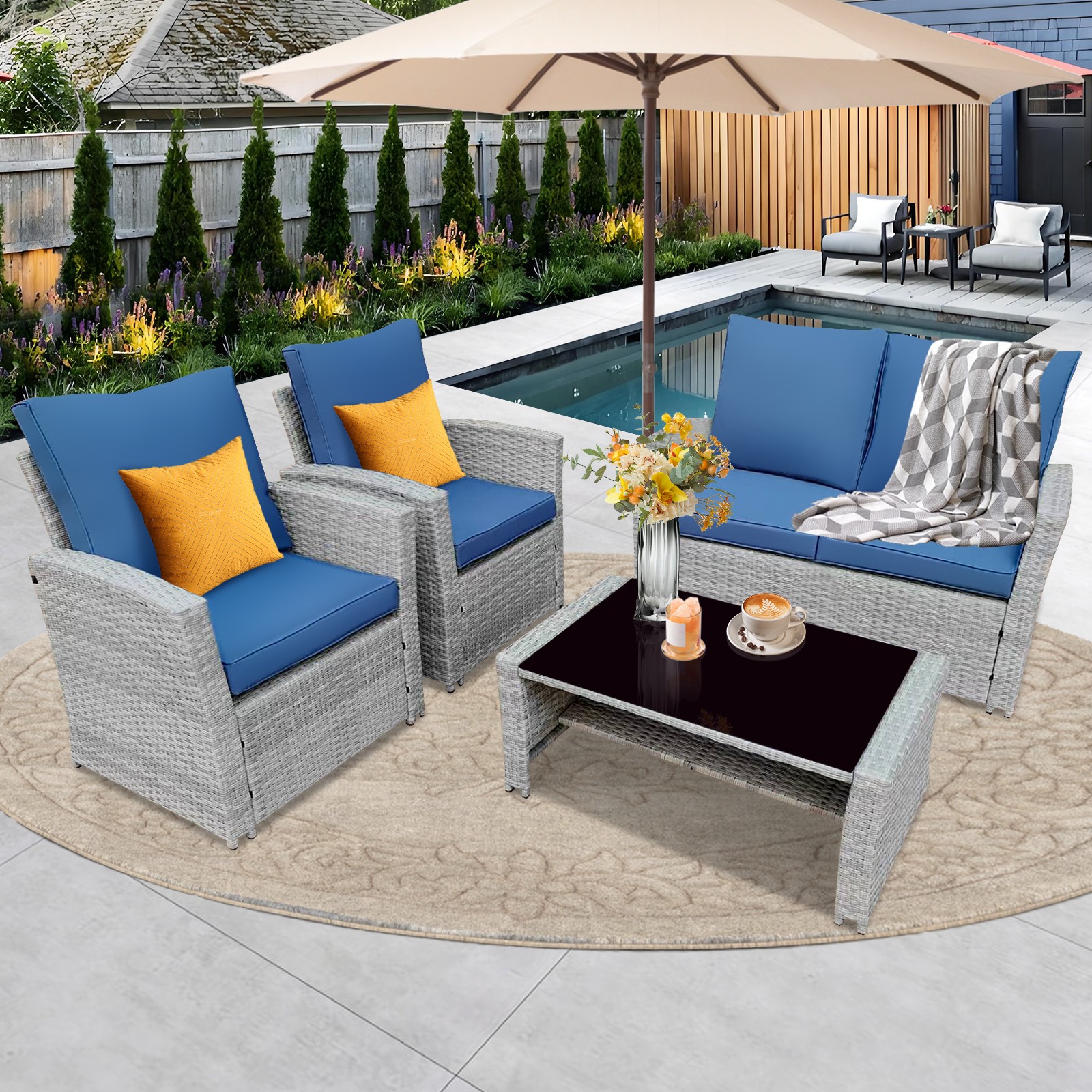 4PC Patio Furniture Set Outdoor Sectional Sofa W/Coffee Table & Cushion For Yard