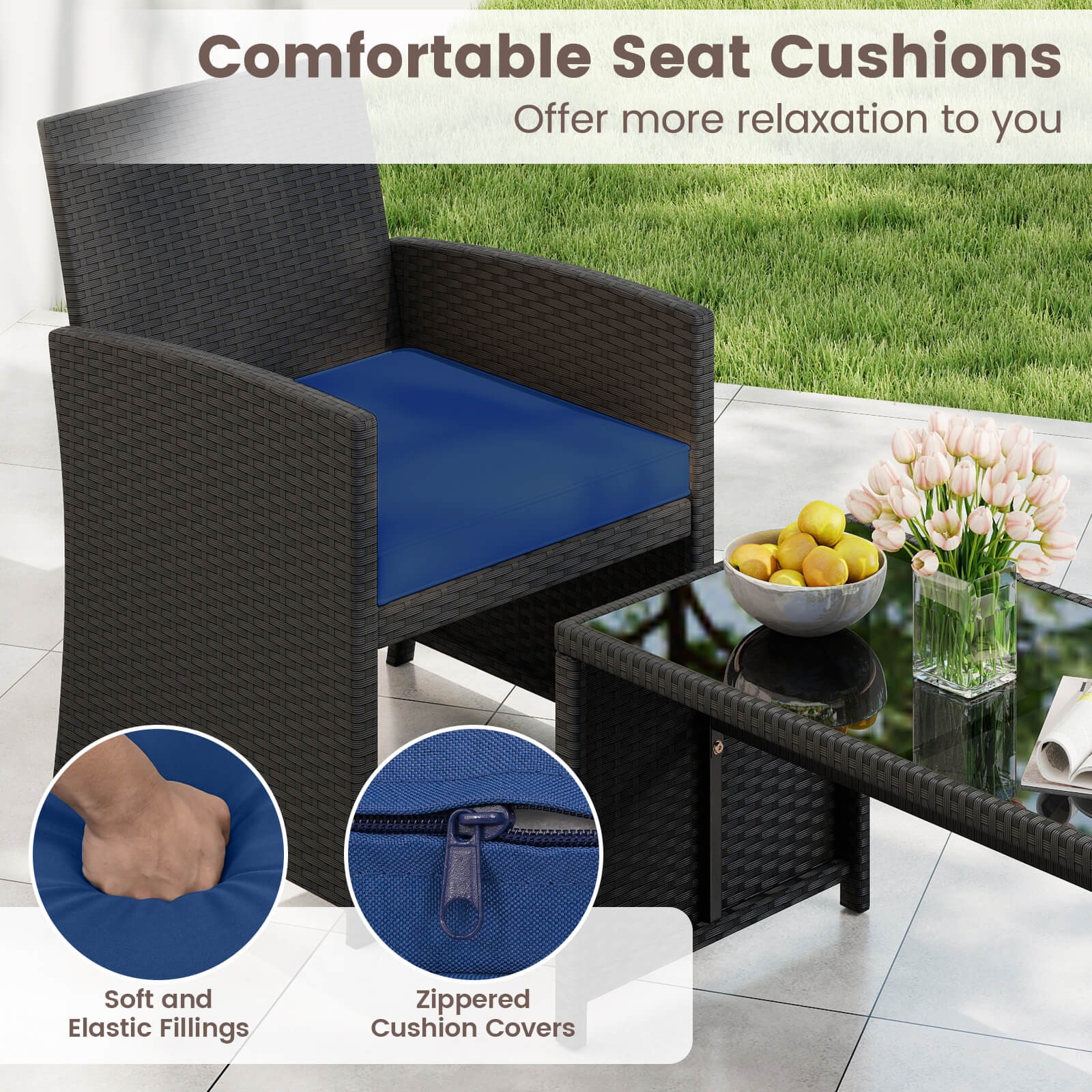 4 PCS Patio Conversation Set w/Seat Cushions & Tempered Glass Tabletop, Porch