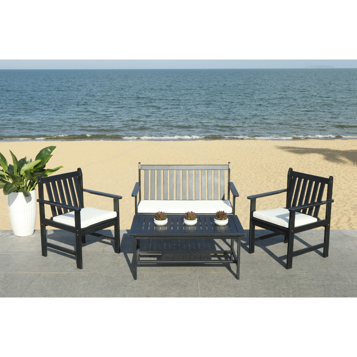 SAFAVIEH Outdoor Collection Burbank 4-Piece Patio Set | Black/Beige |
