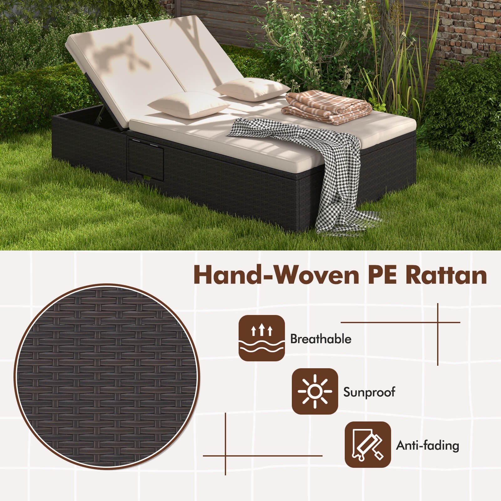Patio Daybed PE Wicker Double Chaise Lounge w/ Adjustable Backrests