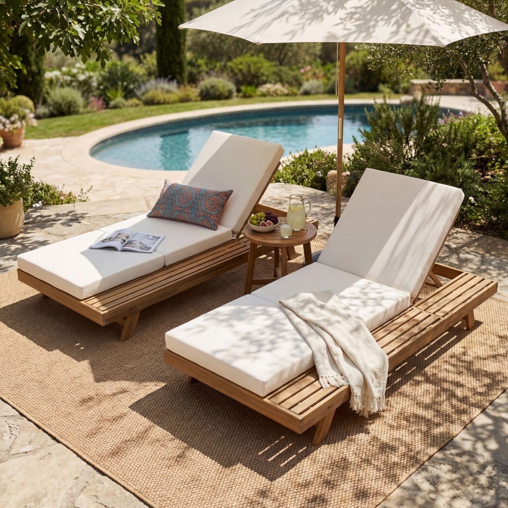 2-Pc Acacia Solid Wood Outdoor Chaise Lounge Set w/ Cushions