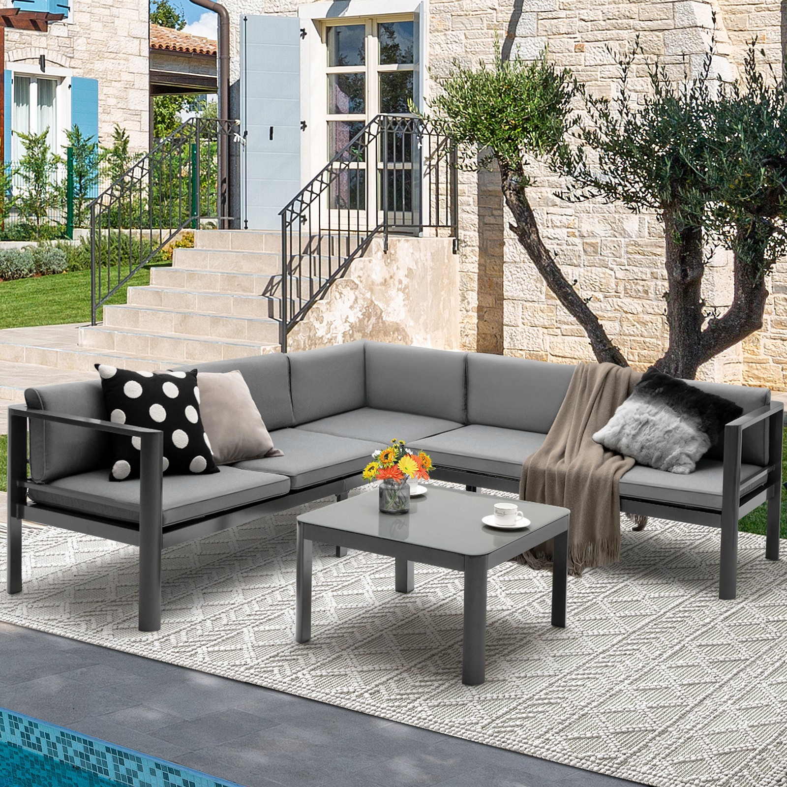3 PCS Aluminum Patio Sofa Set Outdoor 3-Seat Sofa w/ 6-Level Reclining Backrest