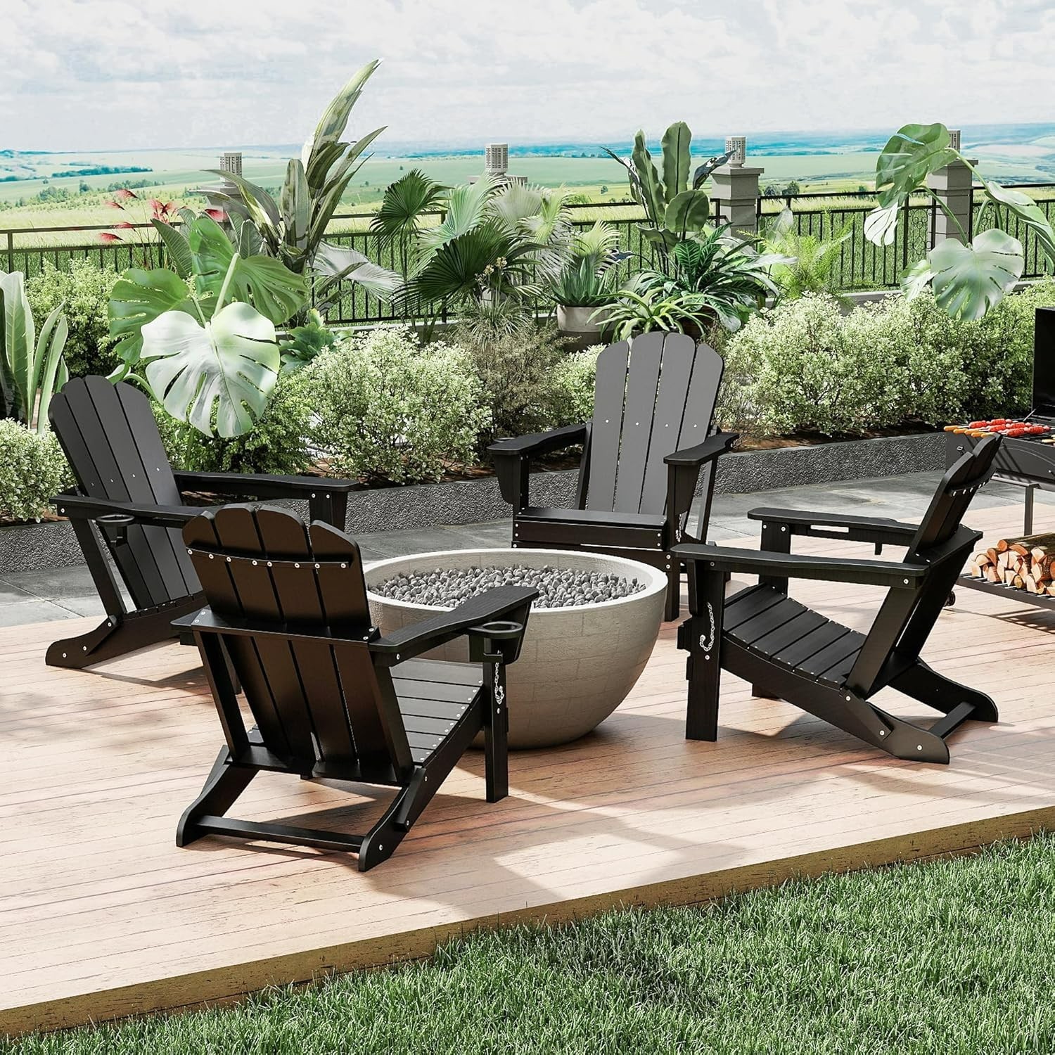 4pcs All-Weather HDPE Folding Adirondack Chair Fire Pit Chair w/Cup Holder,Black