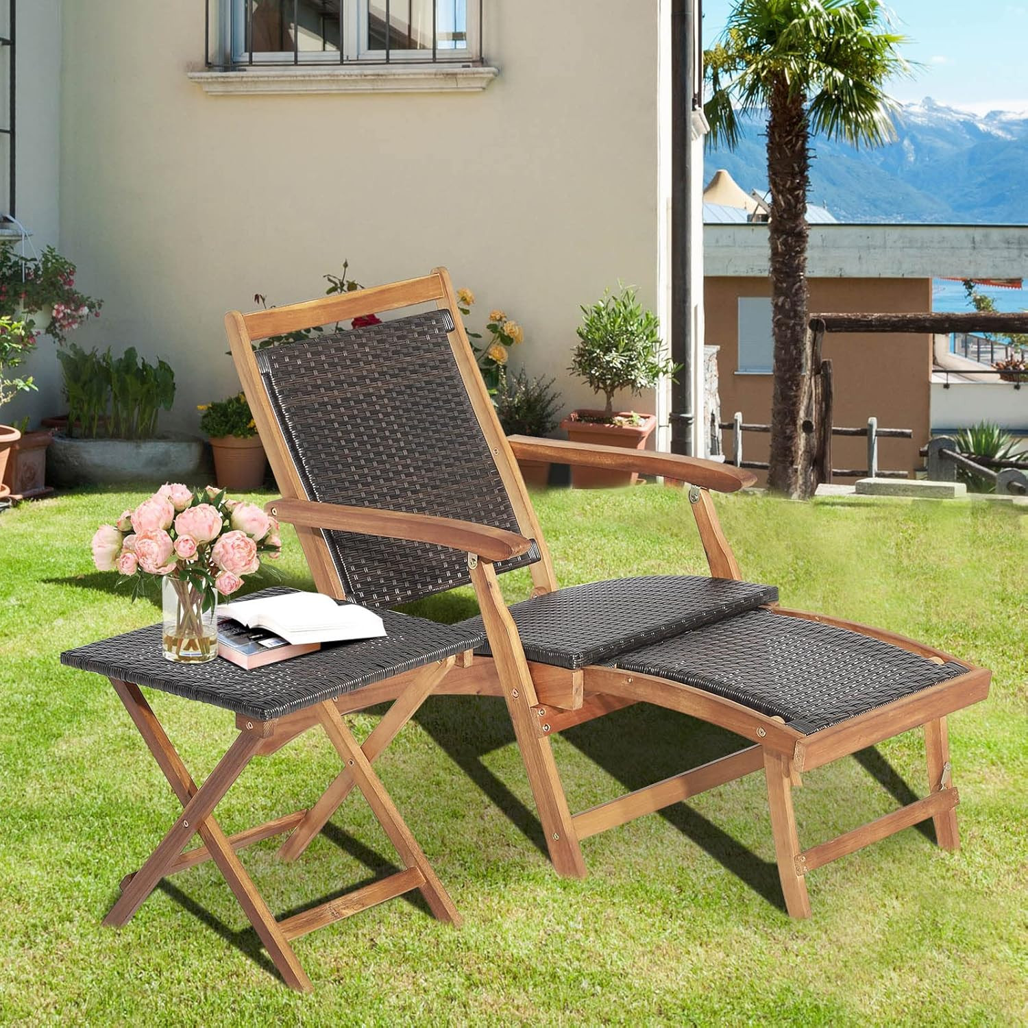 Patio Lounge Chair and Side Table Set of 2, Acacia Wood Wicker Folding Table and