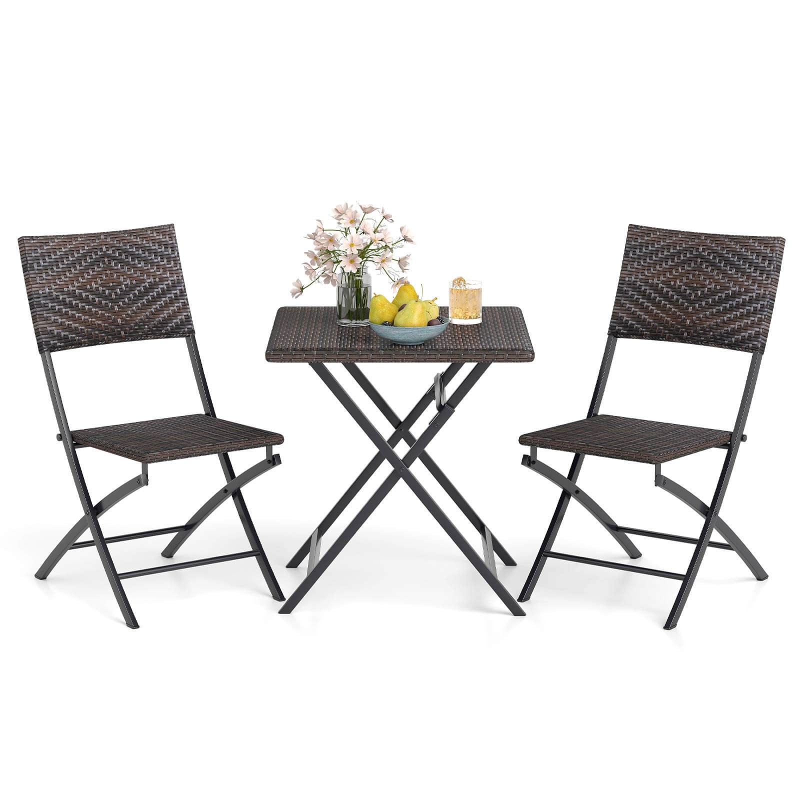3 PCS Rattan Bistro Set w/Wicker Seat & Tabletop for Backyard, Garden, Balcony