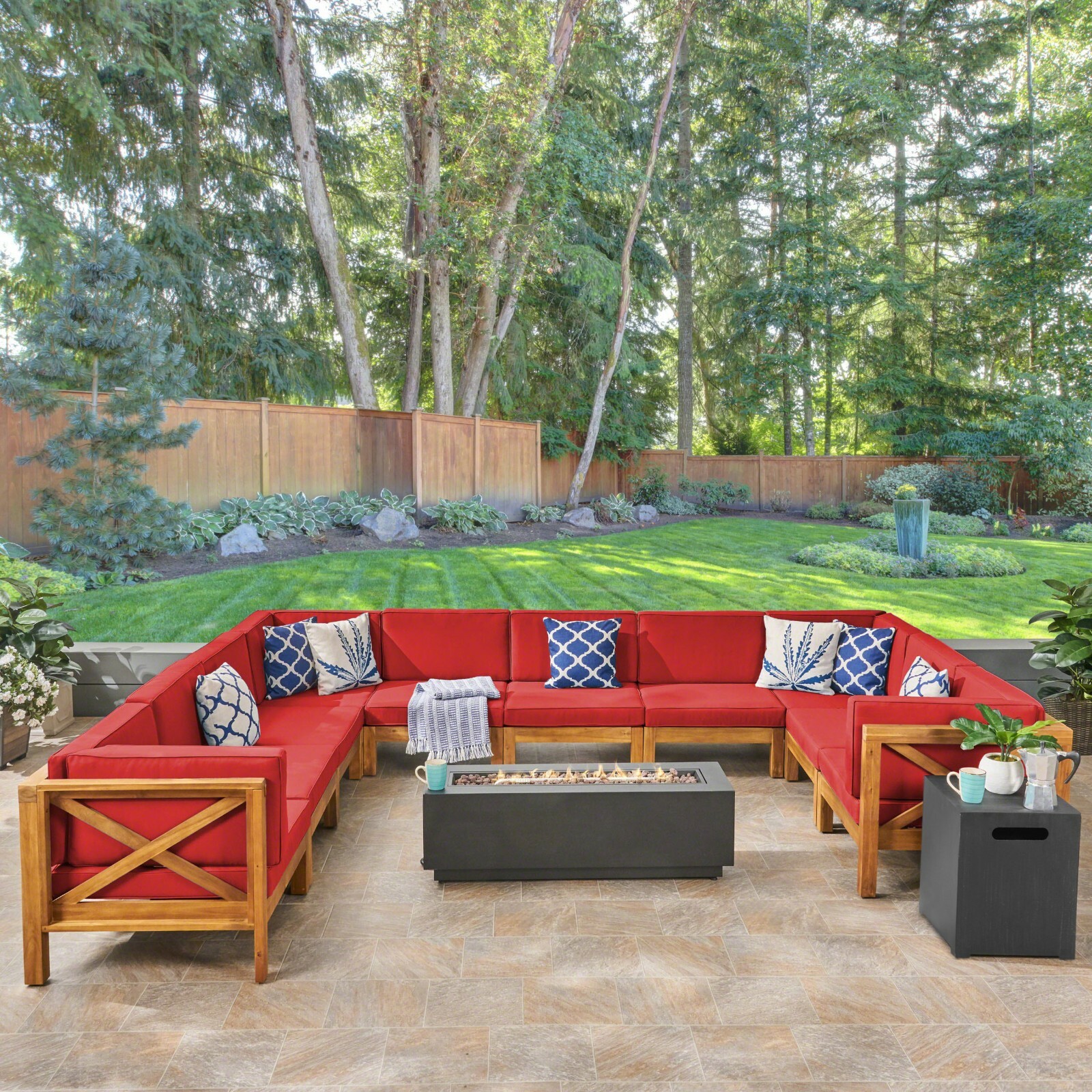 Lorelei Outdoor Sectional Sofa Set with Fire Pit 12-Piece 10-Seater Acacia Wood
