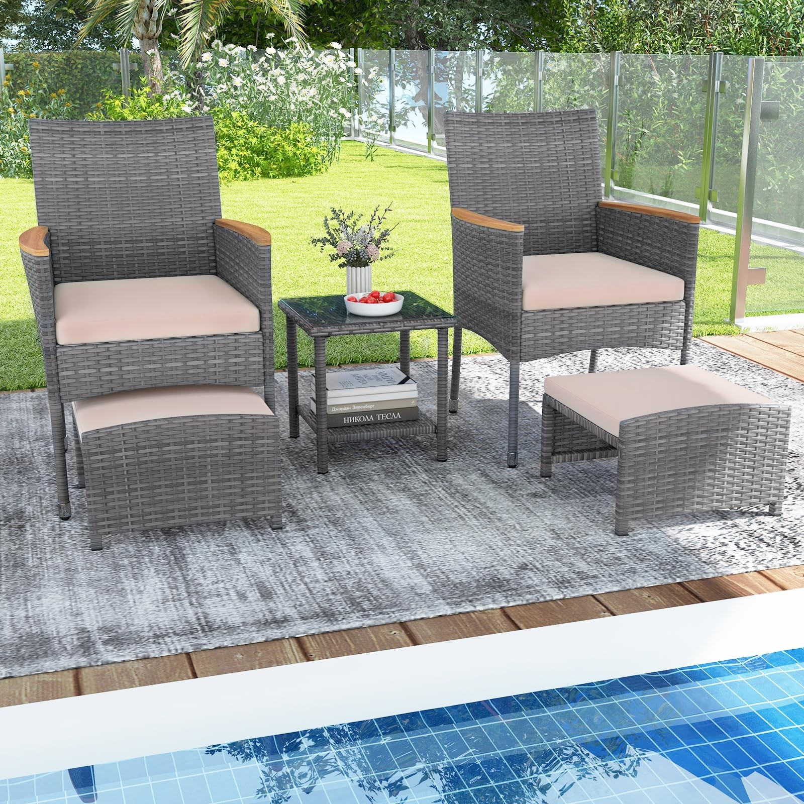 Juego De Sillas Con Cojines y Otomanas 5 Piezas Para Patio Exterior En Oferta