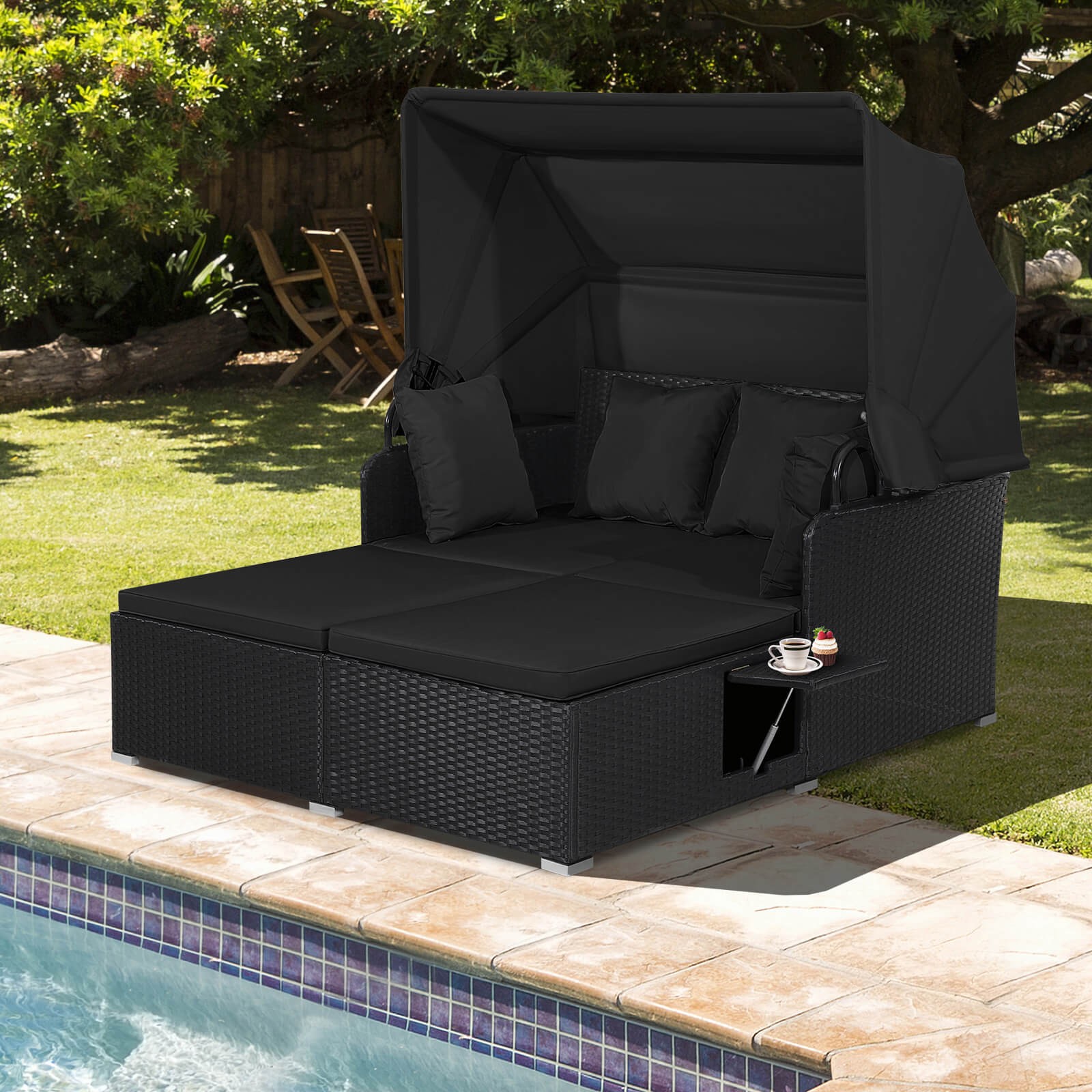 Patio Rattan Daybed Lounge Retractable Top Canopy Side Tables Cushions Beige