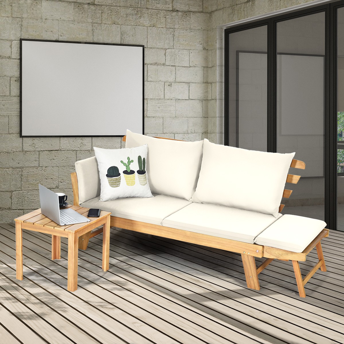 Outdoor Convertible Sofa Daybed Solid Wood Adjustable Furniture W/Cushion White