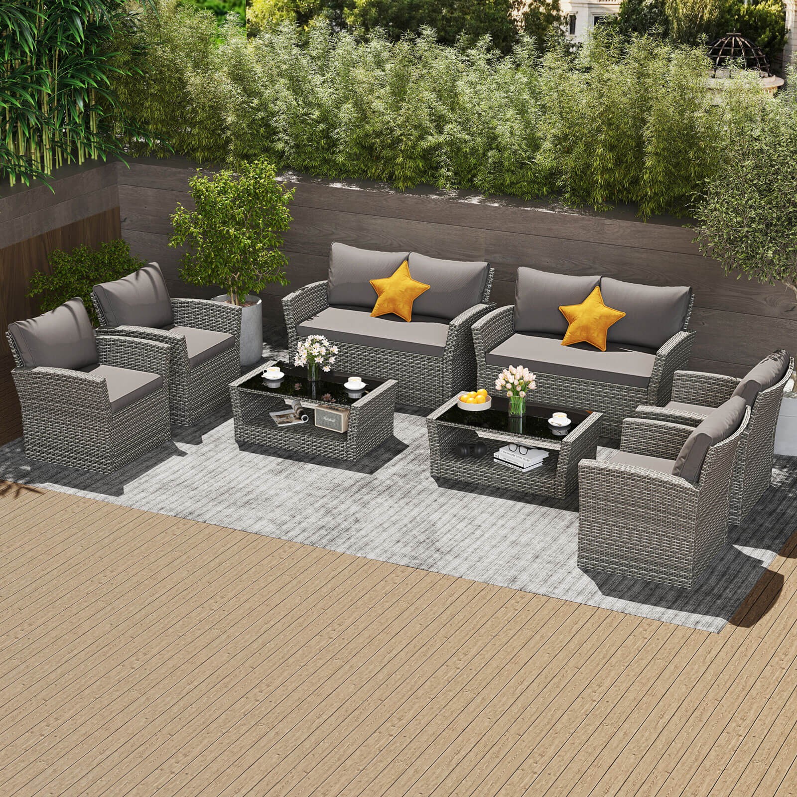 8 PCS Patio Furniture Set with 4 Rattan Chairs Loveseat Coffee Table Cushions
