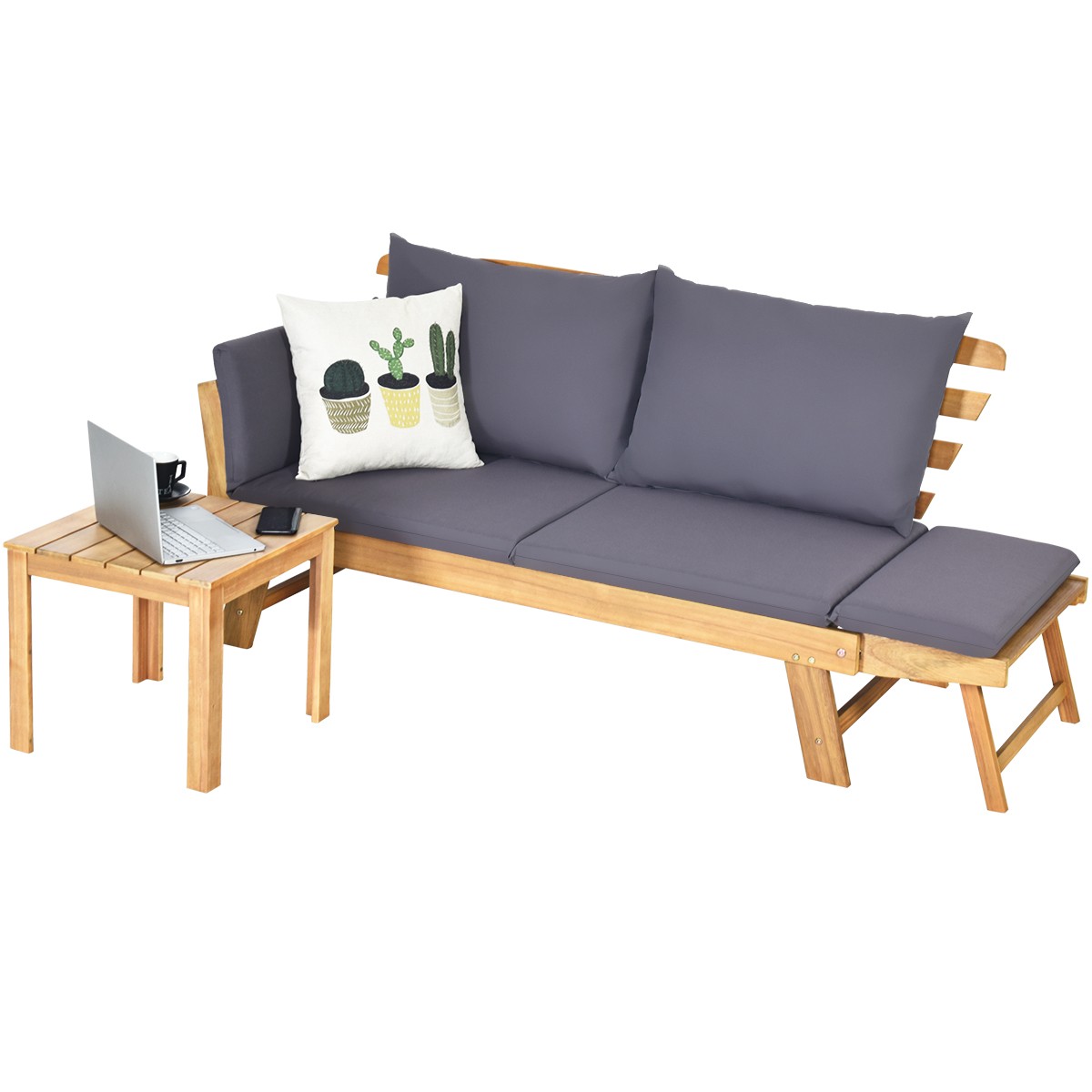 Patio Convertible Sofa Daybed Solid Wood Adjustable Furniture W/Thick Cushion