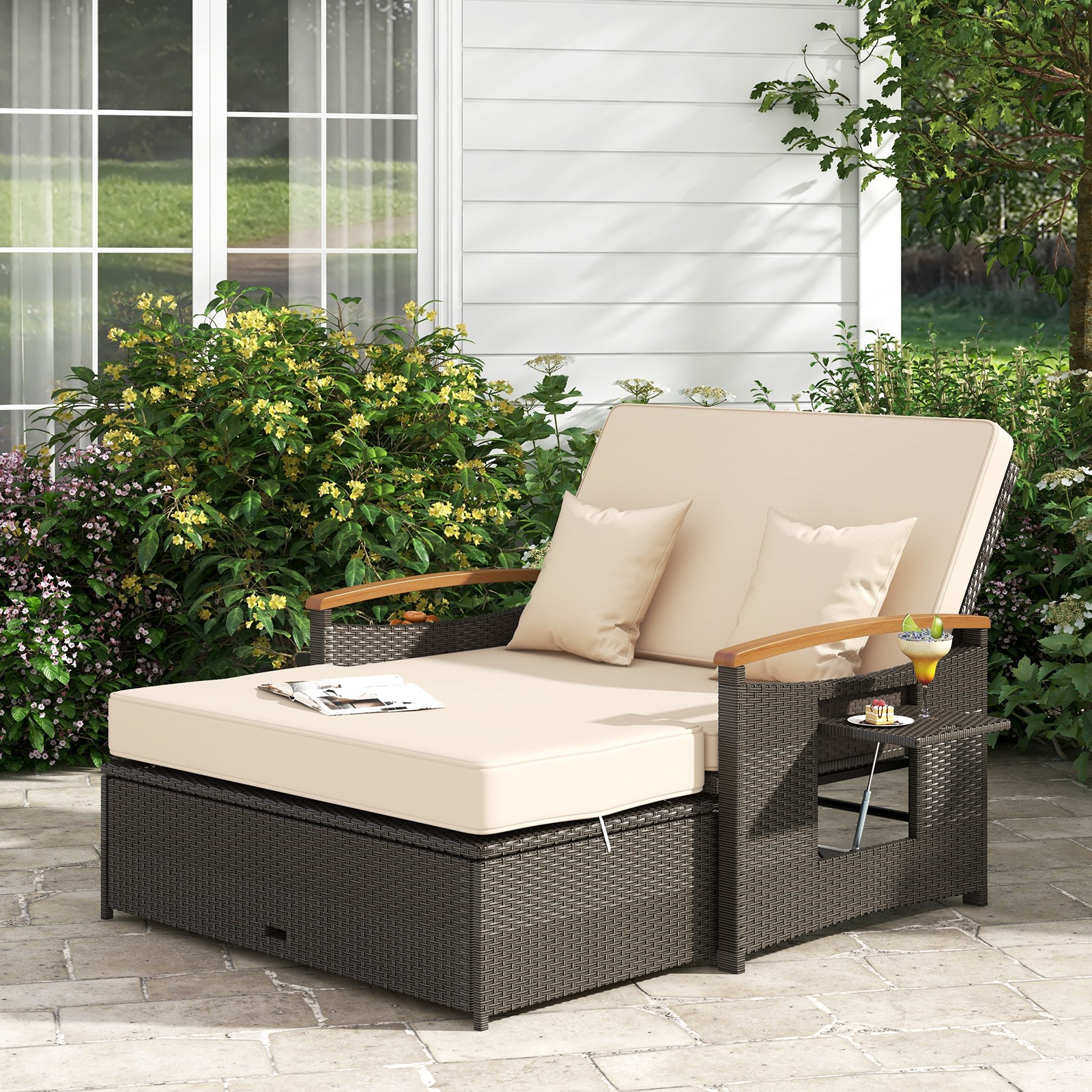 Patio Rattan Daybed Set w/Cushioned Loveseat & Storage Ottoman for Porch Beige