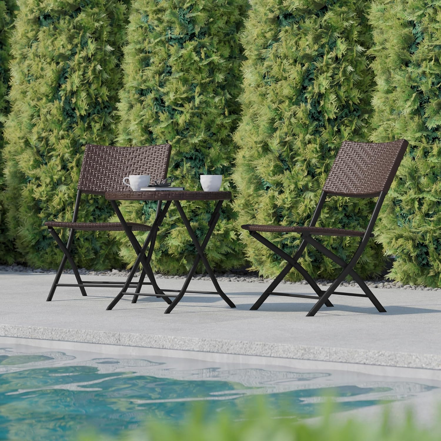 Rouen Commercial Grade Folding Bistro Set, Indoor/Outdoor PE Rattan Table Top, B