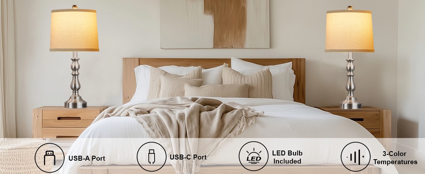 23” Farmhouse Table Lps for Living Room Set of 2 with USB C+A Ports,