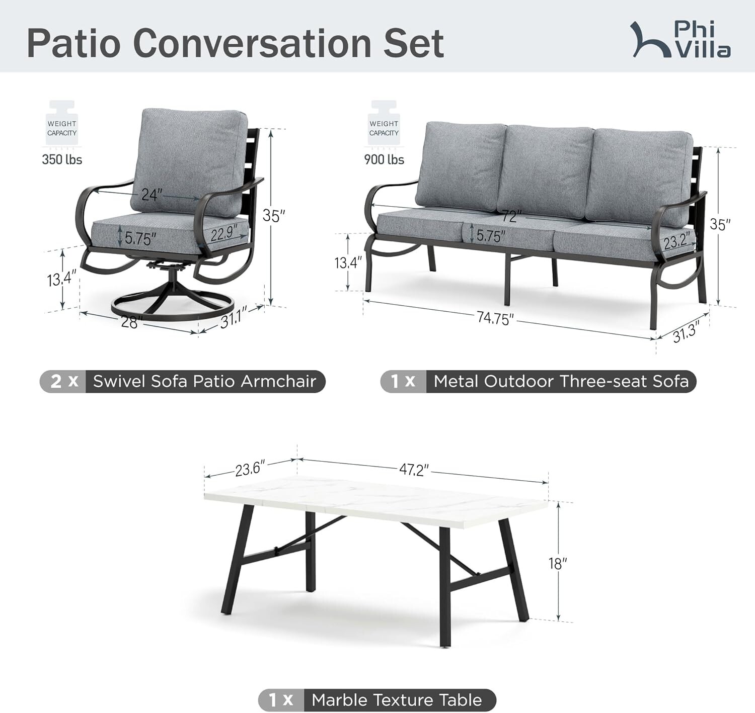 4 Piece Patio Furniture Set Outdoor Conversation Set 5-Seats for Lawn Backyard