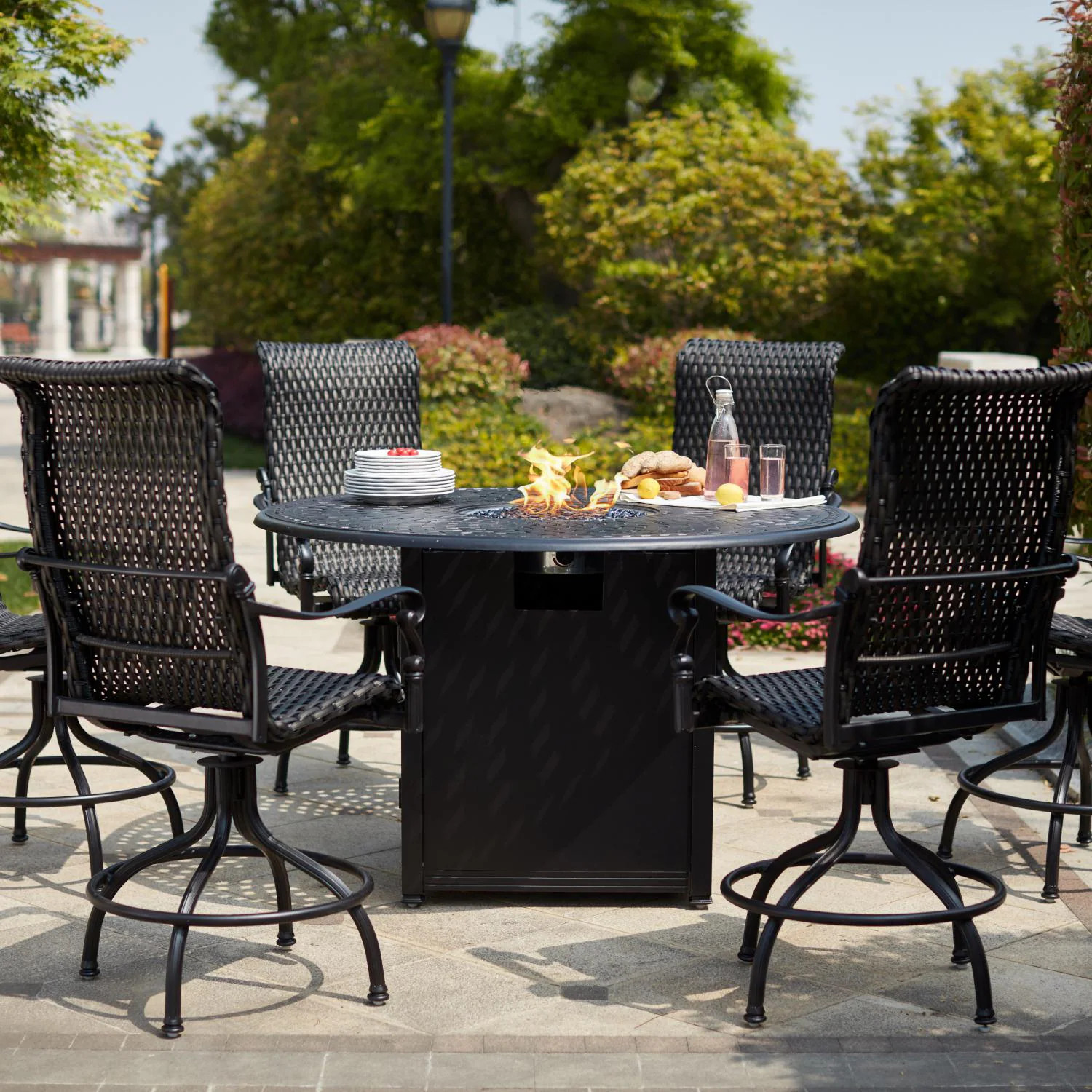 Victoria 7 Pc Resin Wicker Counter Height Fire Pit Dining Set 60 Inch Round