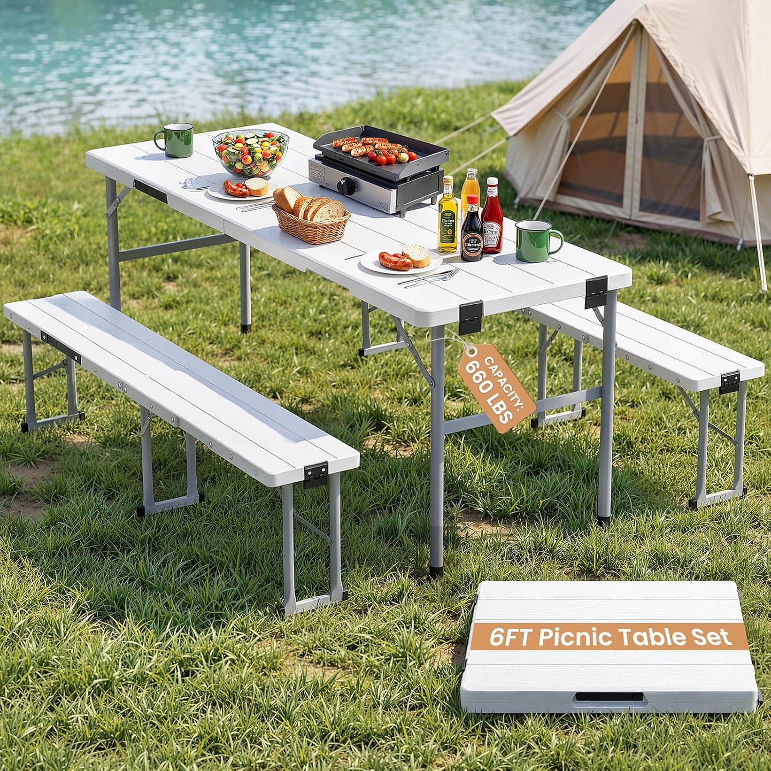 6′ Picnic Table Set w/2 Benches 3-Piece 1-Case Camping Table Chair Set | HDPE Tr