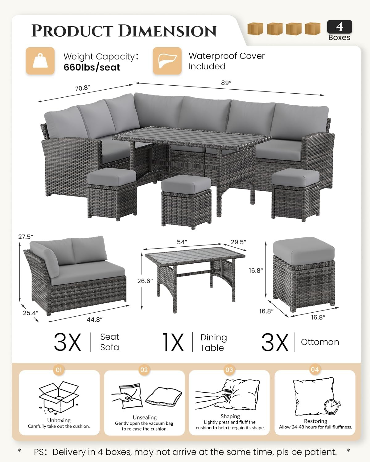 U-MAX 7 Pieces Patio Furniture Set with Waterproof Cover, Outdoor Sectional Sofa