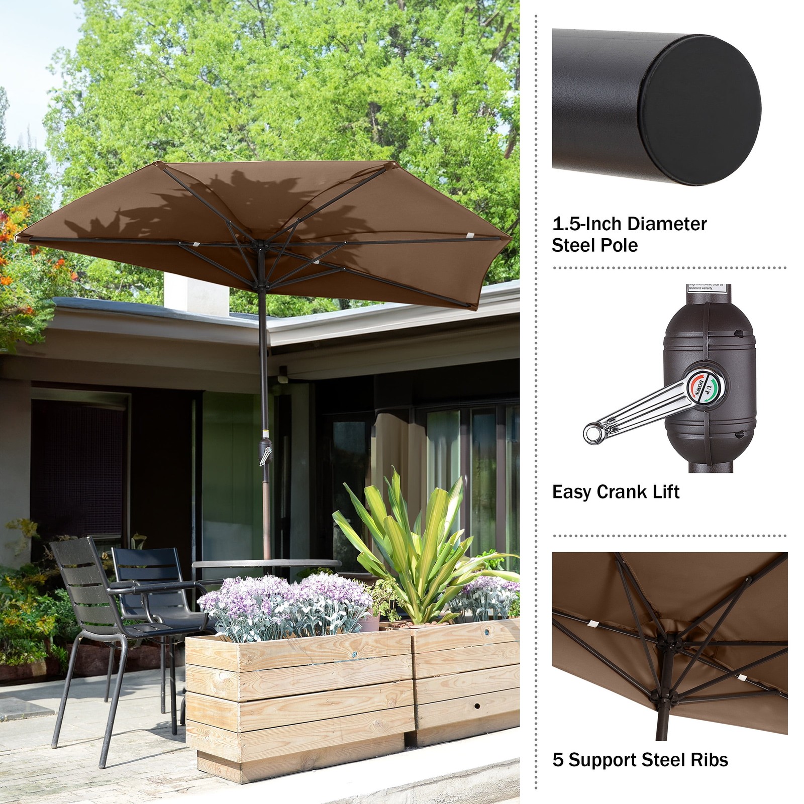 9FT Outdoor Half Patio Umbrella – Balcony Furniture, Brown
